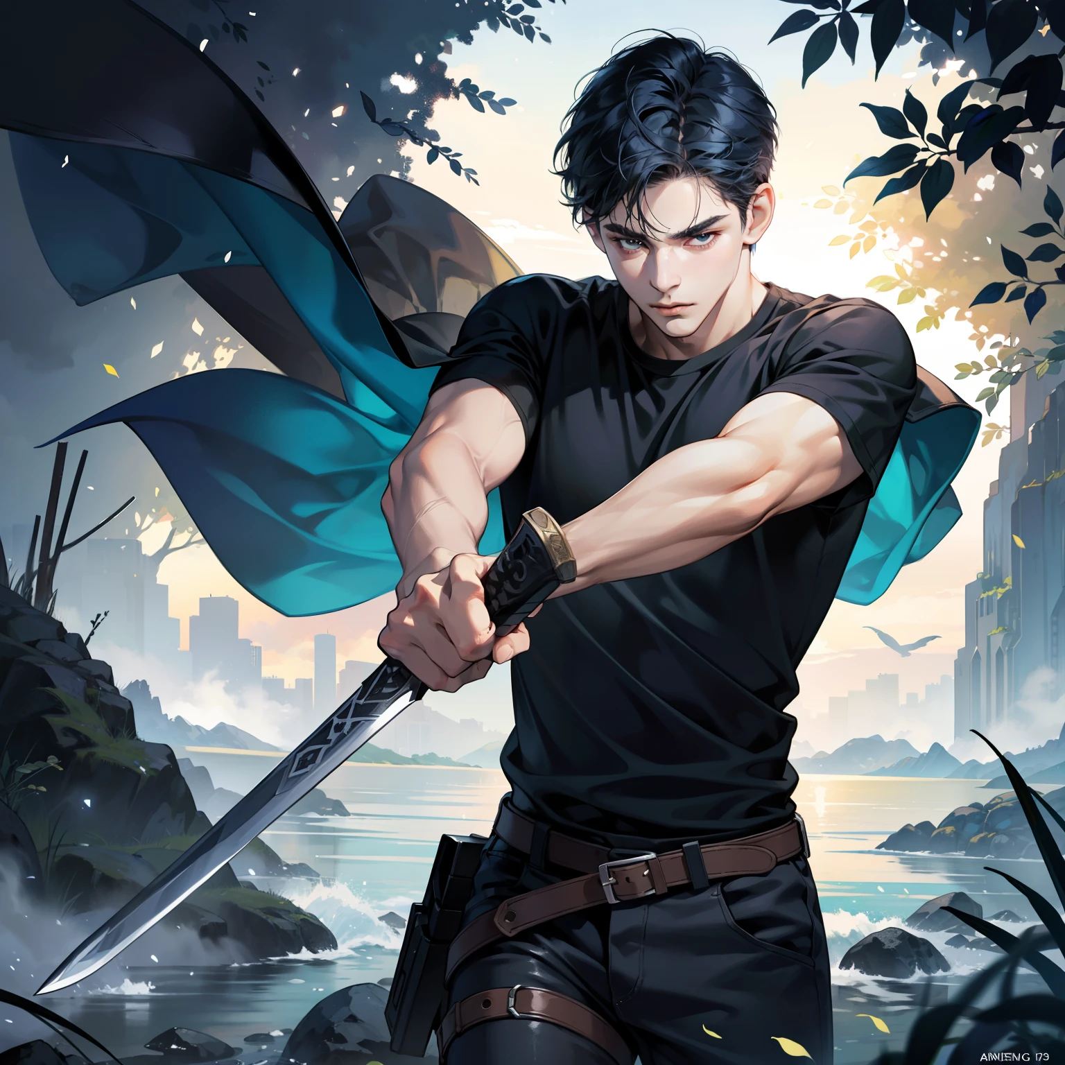 Masterpiece, high quality, best quality, HD, realistic, perfect lighting, detailed body, 1 man, short dark blue hair, black t-shirt, calm expression, wearing sword, in the nature