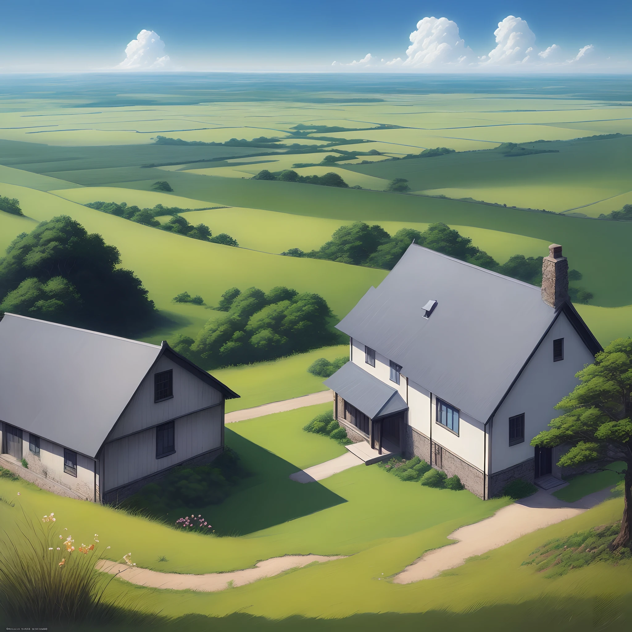 Realistic, Real, Beautiful and stunning landscapes, oil paintings, Studio Ghibli, Hayao Miyazaki, petals, grasslands, blue sky, grasslands, country roads,Building, --V6