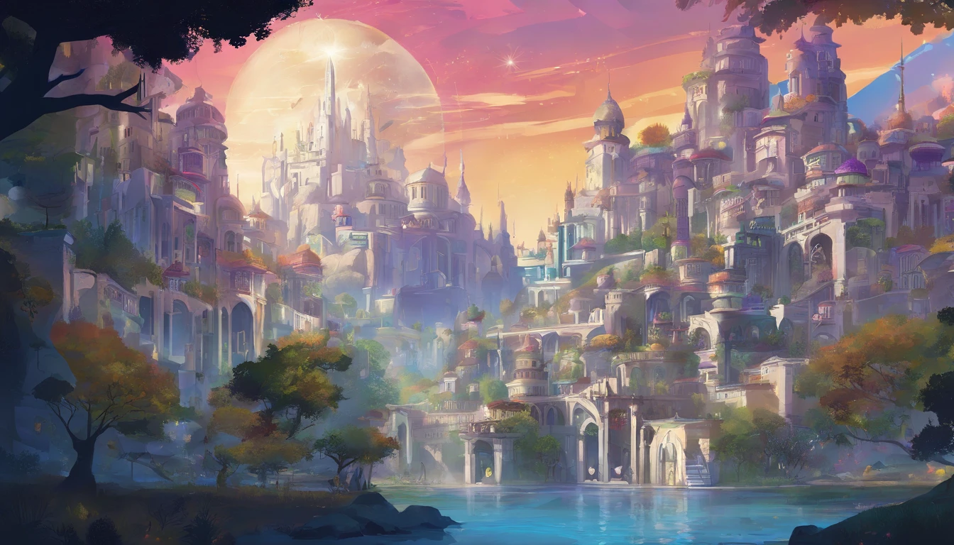 City of white magic under a night sky. The streets are white stone, and the building are an elegant white marble with colorful stained glass windows. The streets are lit with floating orbs of magic. There are small rivers and waterfalls running through the city, as well as shrubs and willow trees. Main colors: dusk blue, navy and white.