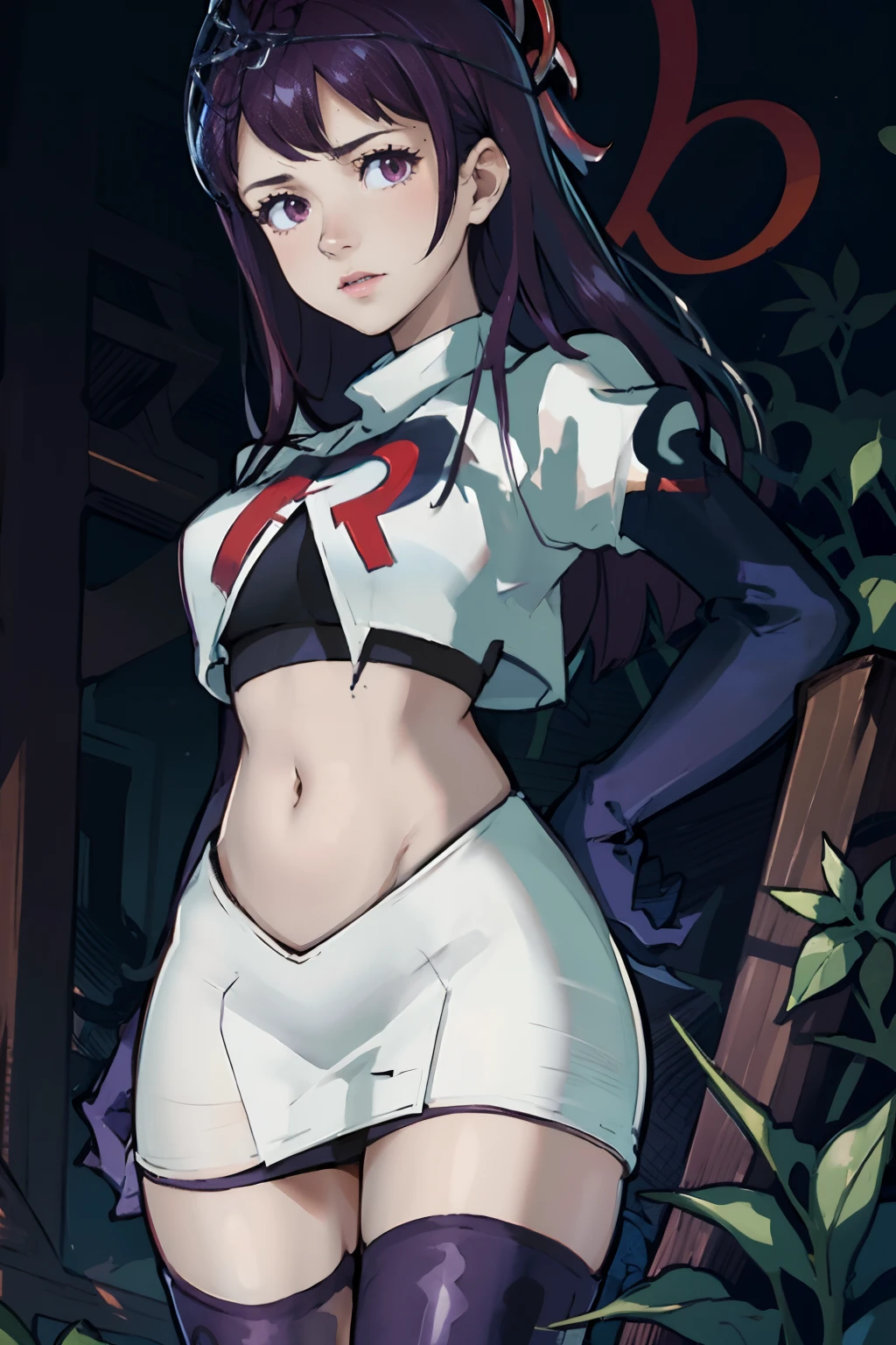 ivy fe, team rocket,team rocket uniform, red letter R, white skirt,white crop top,black thigh-highs,black elbow gloves, purple hair