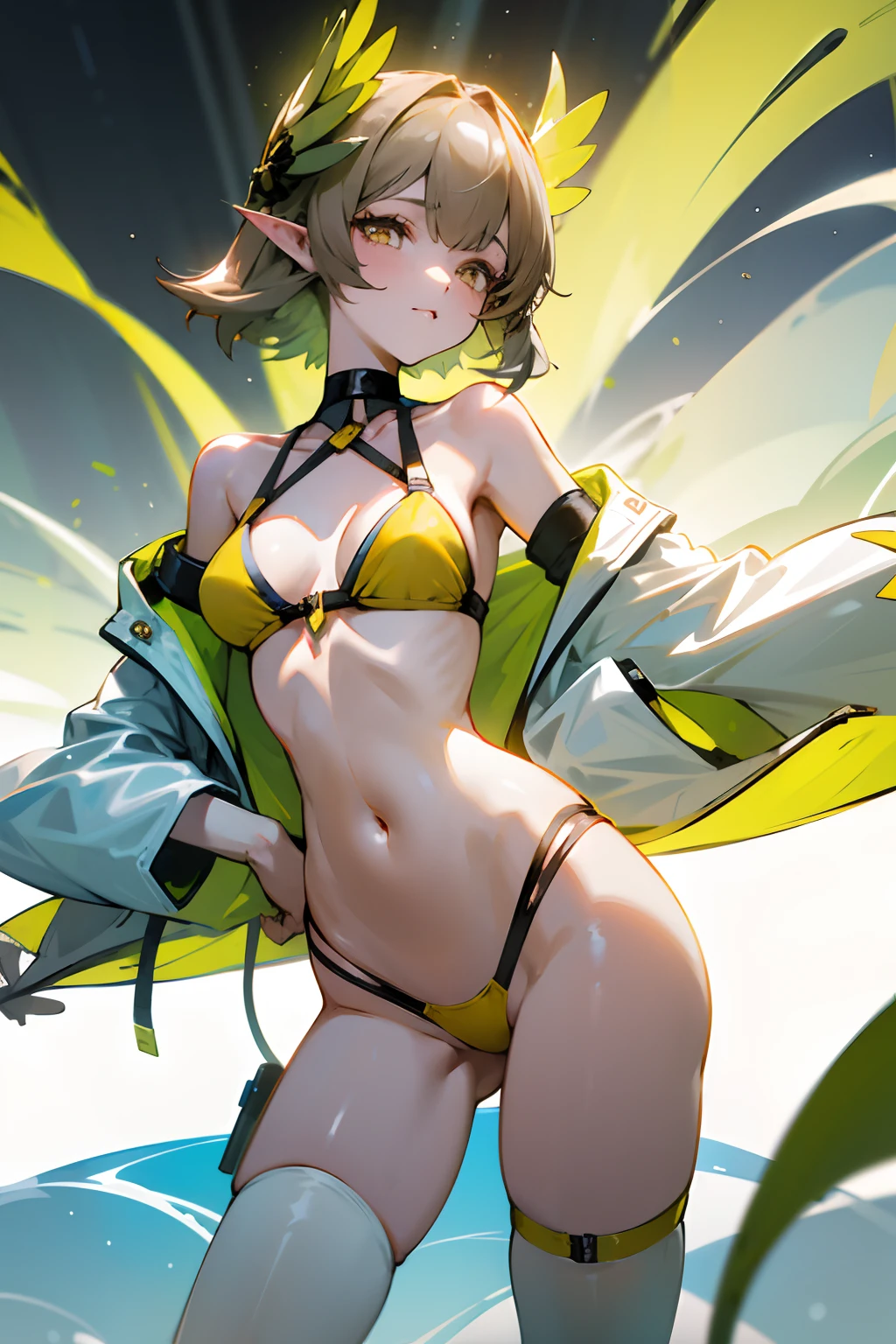 Bright colors,illumination,A girl stands in the lab,White knee-length stockings,mature,sexy for,cropped shoulders,Bikini swimsuit