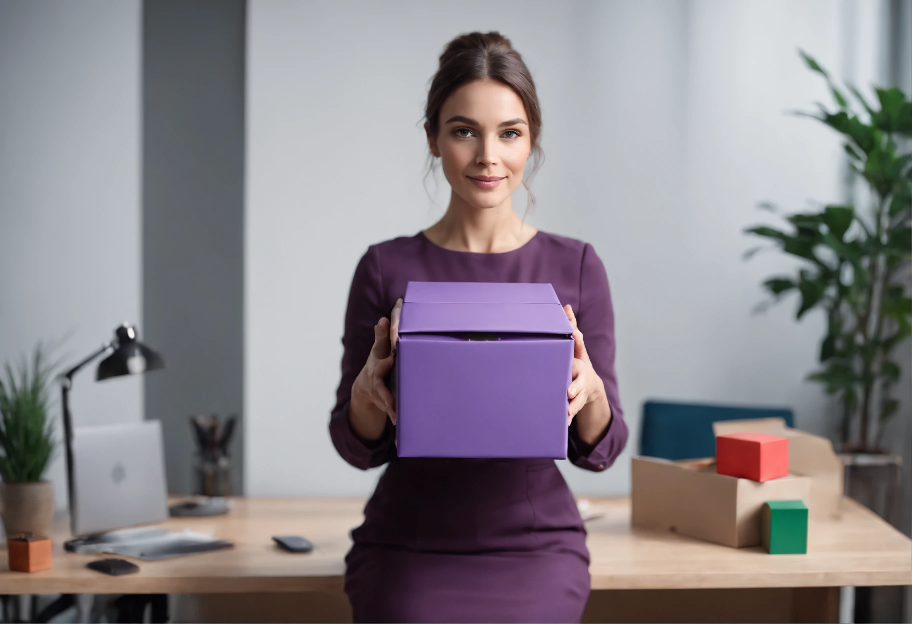 (highres:1.2), a 30-year-old psychologist holding a large open magic purple box with toys coming out and flying around her office