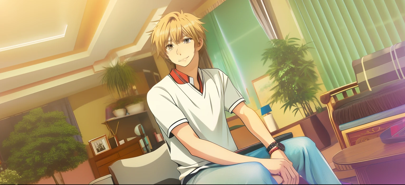 anime - style image of man sitting on a chair in a living room, blonde - haired anime boy, young anime man, handsome anime pose, tall anime guy with grey eyes, anime handsome man, anime portrait of a handsome man, hajime yatate, smileing nright, rin, kentaro miura art style