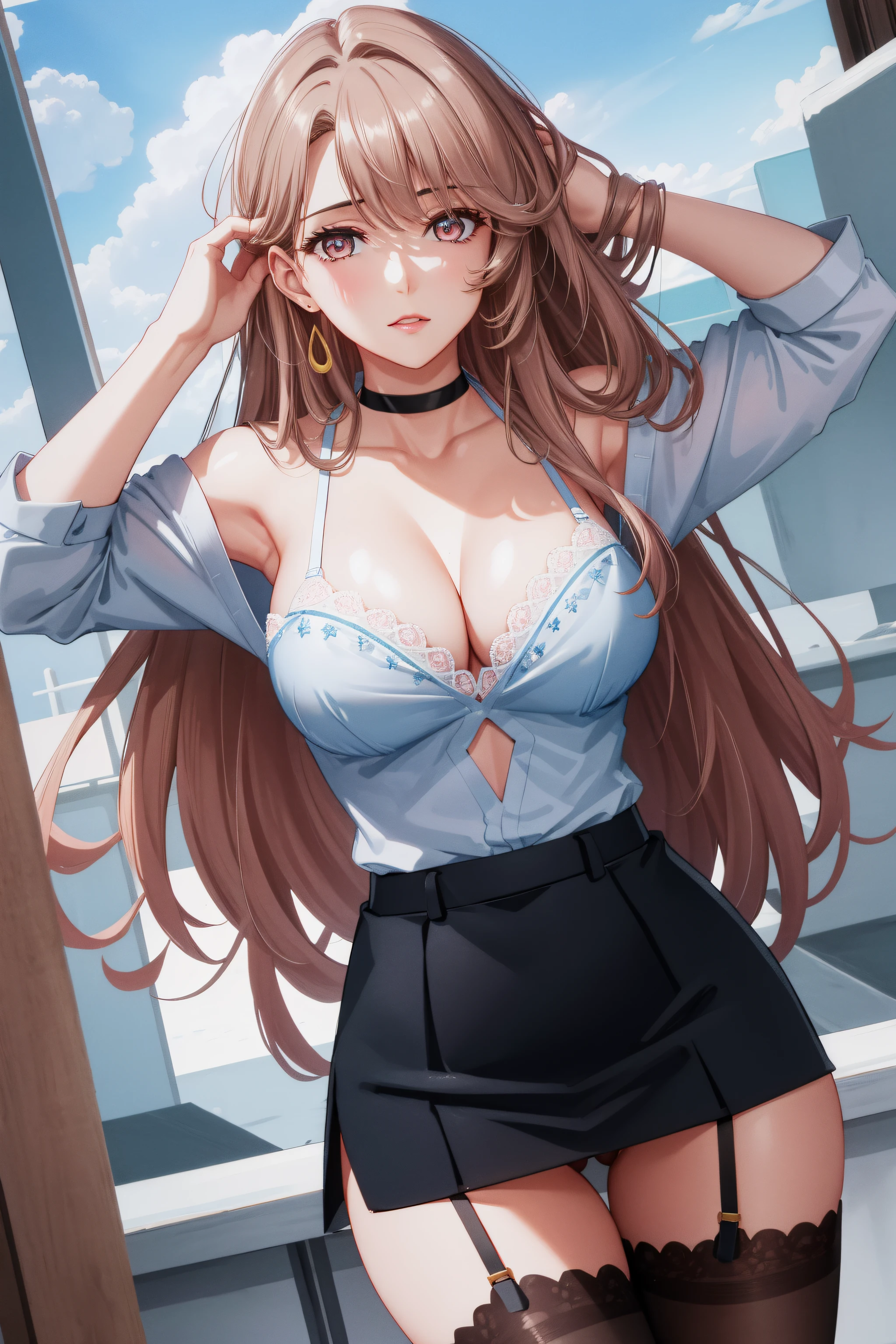 (day:1.7), sky background,a blue sky and clouds,
standing at attention,armpits,arm up,
wearing (business outfit:1.2), blazer, shirt, cleavage, underwear, tight skirt, black choker, earrings, (stockings:1.25),(Closed_clothes),
aamiyako, long hair, jewelry, earrings,
1 girl, 20yo,mature female,Beautiful Finger,Beautiful long legs,Beautiful body,Beautiful Nose,Beautiful character design, perfect eyes, perfect face,
looking at viewer,(light_smile:0.3),
NSFW,official art,extremely detailed CG unity 8k wallpaper, perfect lighting,Colorful, Bright_Front_face_Lighting,
(masterpiece:1.0),(best_quality:1.0), ultra high res,4K,ultra-detailed,
photography, 8K, HDR, highres, absurdres:1.2, Kodak portra 400, film grain, blurry background, bokeh:1.2, lens flare, (vibrant_color:1.2)
(Beautiful,medium_Breasts:1.4), (beautiful_face:1.5),(narrow_waist),(perfect hands, perfect anatomy),