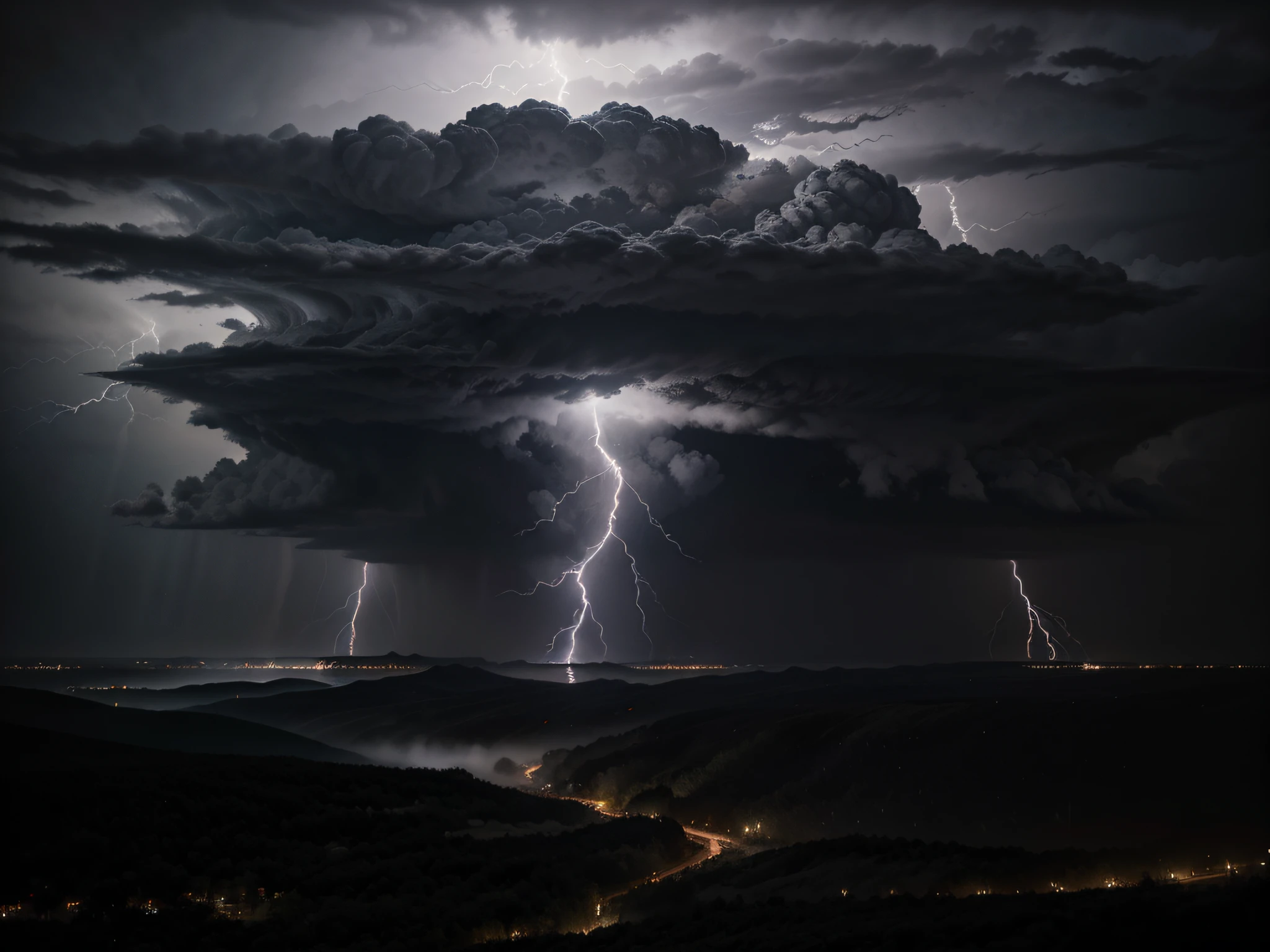 A menacing storm brews above, as thunder roars and lightning illuminates the darkened sky. The sky takes center stage in this electrifying photograph, capturing the raw power and drama of nature's fury. The clouds stretch like ominous giants, their shadows casting an eerie essence upon the land below. Each bolt of lightning crackles with intensity, its jagged branches piercing through the blackened canvas. The image is a high-definition masterpiece that enthralls the viewer, immersing them in the exhilarating spectacle of a thunderstorm, frozen in time.