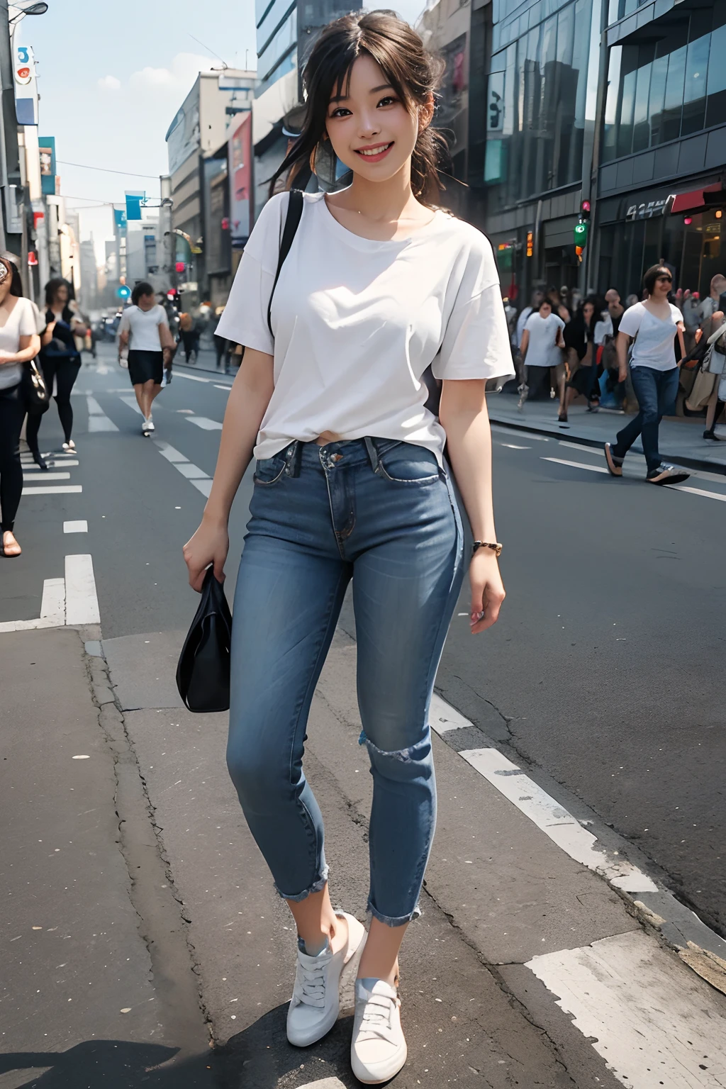 (​masterpiece、high quality、high quality、raw、A hyperrealistic)、Urban cityscape、Shibuya cityscape、a sexy woman、young people、(((happy, big smile)))、A little thin、((( Please wear a plain white t-shirt all over your body.)))、((full body visible))、(standing front)、Wearing jeans、very detailed、colorful、more detailed