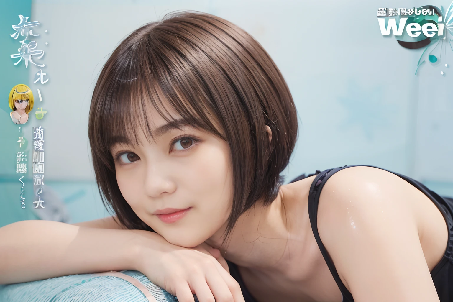 57
(a 20 yo woman), (A hyper-realistic), (masutepiece), (Short bob cut:1.46), Hairstyle with visible ears, (Breast), kindly smile, (Graphics wetwear with anime characters printed on them)