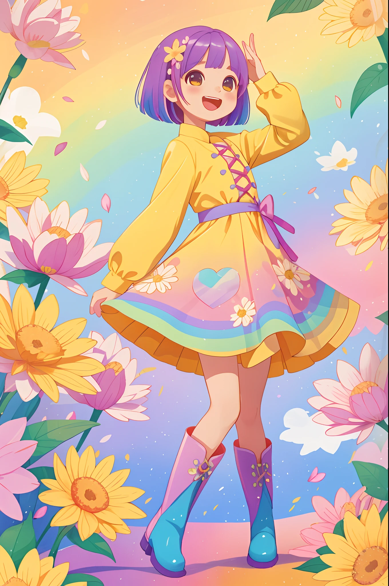 Stand in front of the photo、1girl in,Full body,a short bob, rainbow color Hair,long boots,Open mouth and big smile、kawaii pose、Flowing iridescent silk、up of face、Eye Up、Colorcon with heart pattern、Floral dress、There are flowers even in front of you、flower petals、season!!: springtime☀ 🍂