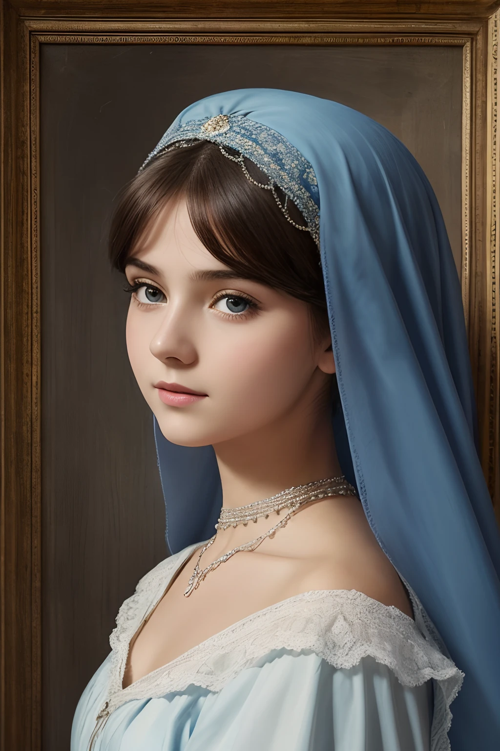 Very young woman like Maria with a blue veil on her head