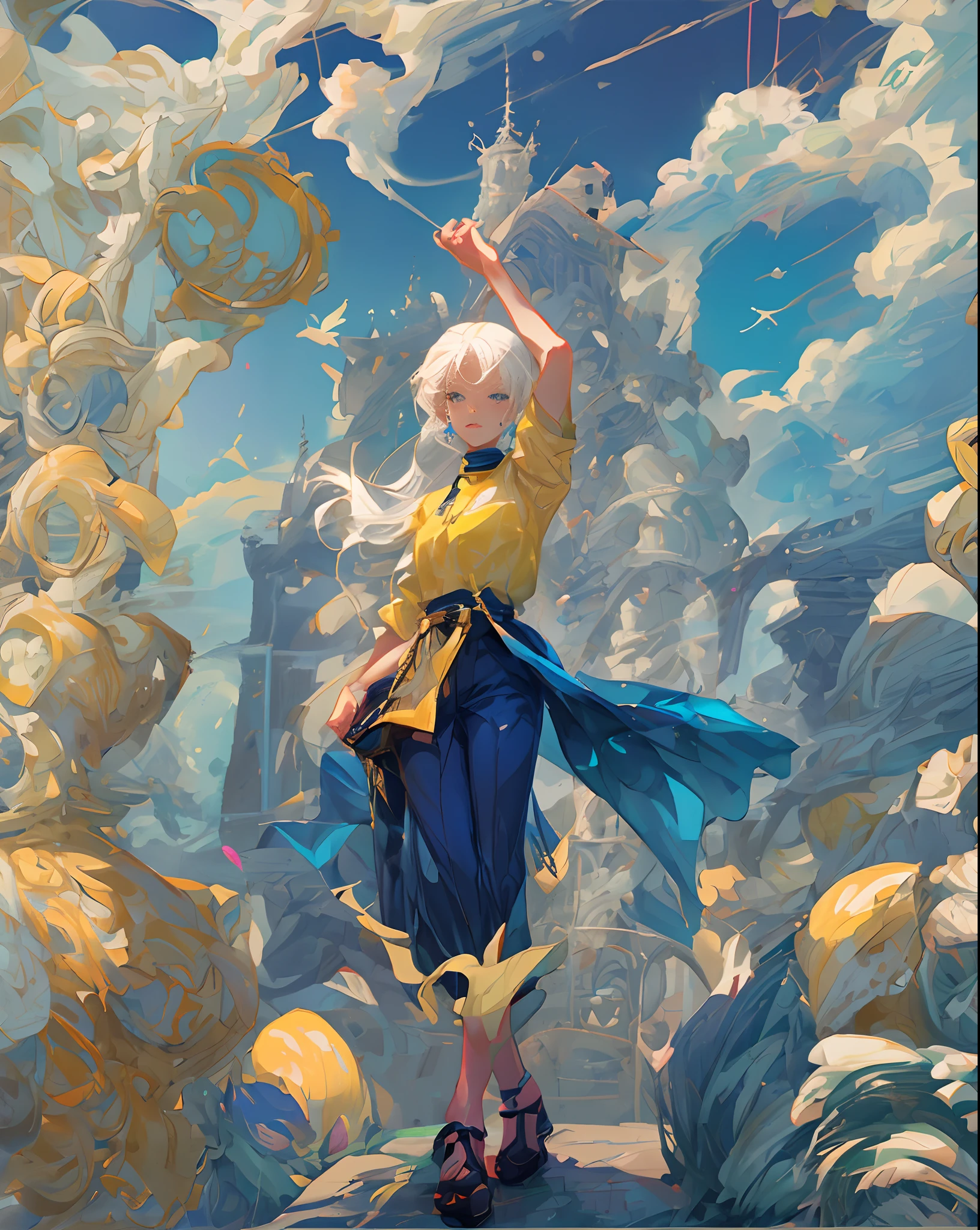 (Highest Quality), Anime girl, 18 yo, yellow hair, blue eyes, cute, standing, sky blue shirt, dark blue trousers, looking at viewer, background: Tall White Building
