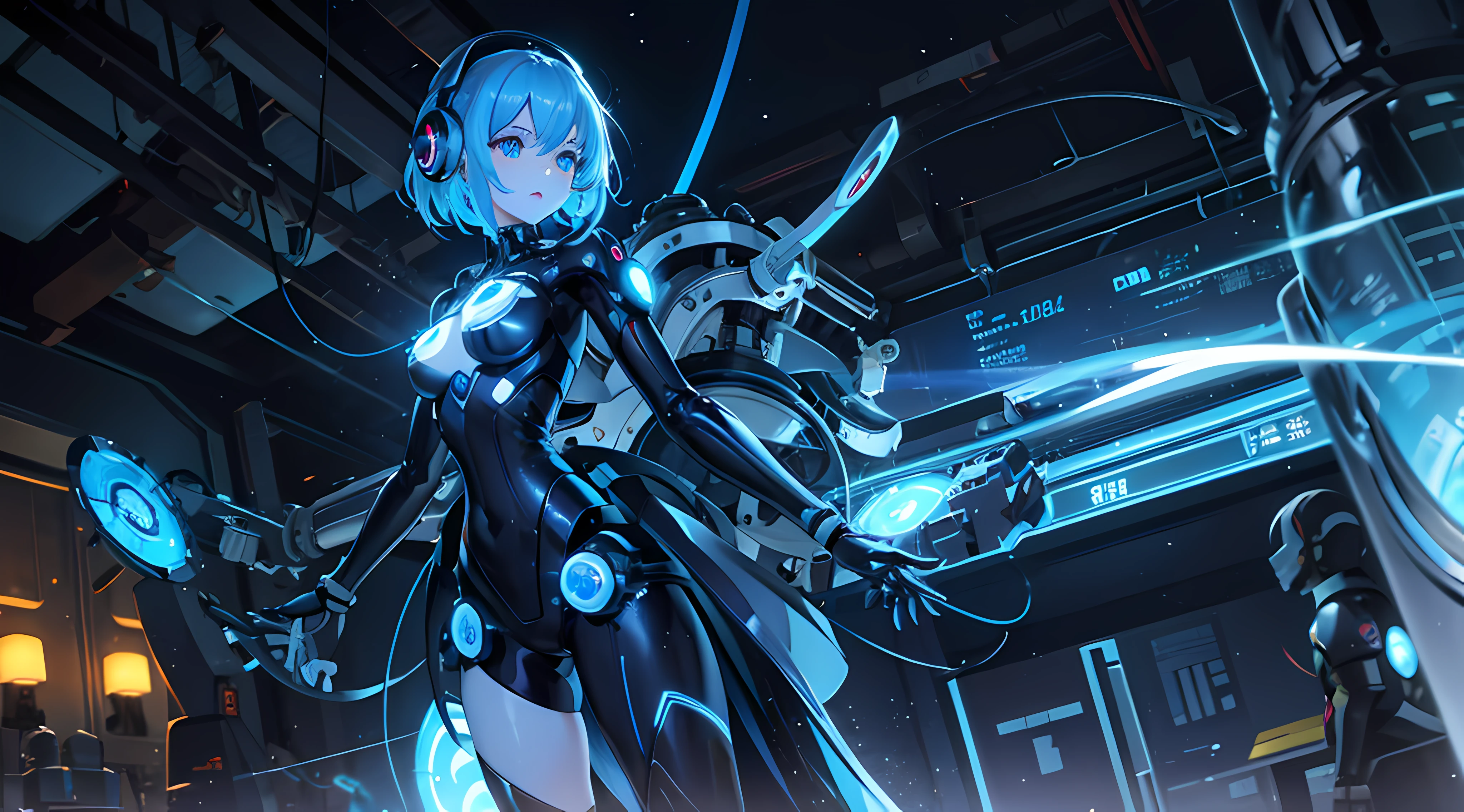 8K, Highest quality, (real:1.4), Original photo, 1 girl, Asari Hair, Biological Amplifier, Very sleek and futuristic armor, posture: Peace talks between warring factions,,attention arousal, smart blue eyes,A modest smile,Knee-high boots,Patent-look blue tights,Blue big moon and blue light swirl in the background,Blue light from behind,blue light magic,A small, glowing blue ball in the palm of your hand,Blue flame swirl,Blue Comet,Polished floor,