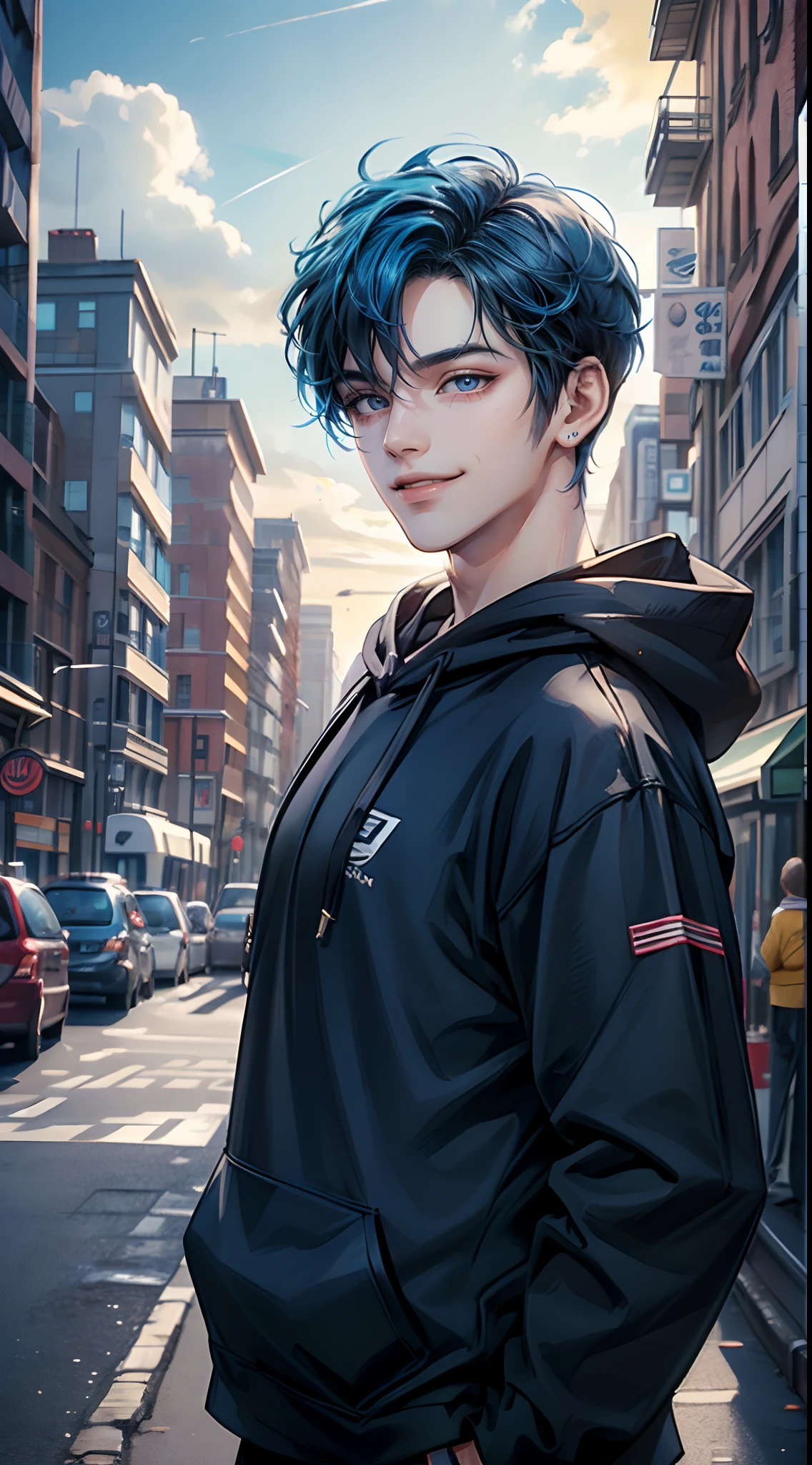 ((4K works))、​masterpiece、(top-quality)、One Beautiful Boy、Slim body、tall、((Attractive street style in black hoodie))、(Detailed beautiful eyes)、Fantastic British cities、Daytime city、((Walking through a city in the UK))、((Daytime bright sky))、((Cities in United Kingdom))、((Shot in UK cities))、mid night、((Short-haired bright blue hair))、((Smaller face))、((White eyes))、((American adult male))、((Adult male 26 years old))、((Cool Men))、((Like a celebrity))、((Smile showing teeth and smiling))、((Korean Makeup))、((elongated and sharp eyes))、((boyish))、((Upper body photography))、((Happy dating))、Professional Photos、((Shot alone))、((Shot diagonally from the side))、((Shot in close proximity to him))、((He is walking next to the viewer))、((Focus zoom in))