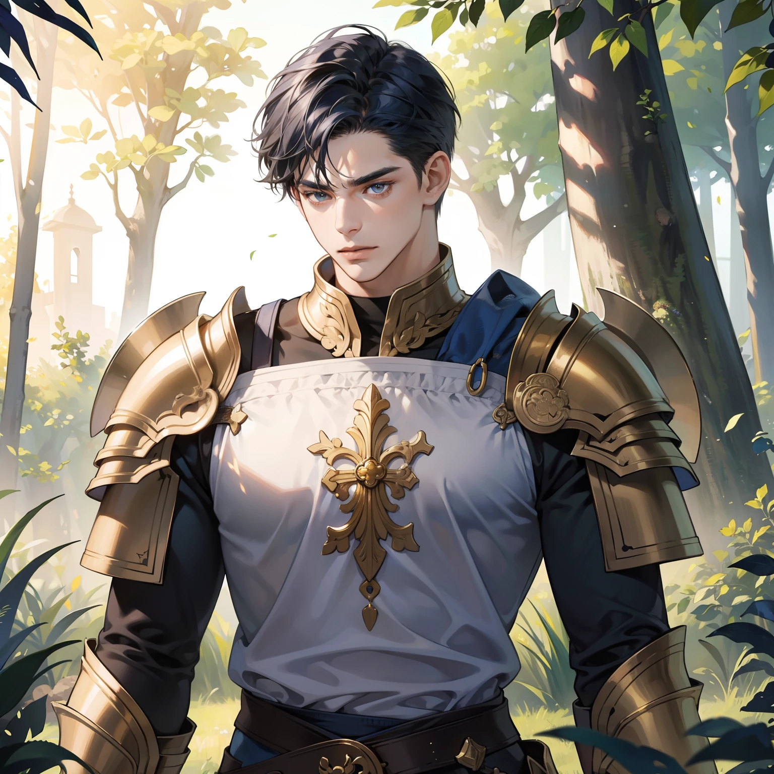 Masterpiece, high quality, best quality, HD, realistic, perfect lighting, detailed body, 1 man, short dark blue hair, gold t-shirt, calm expression, wearing armor, in the nature
