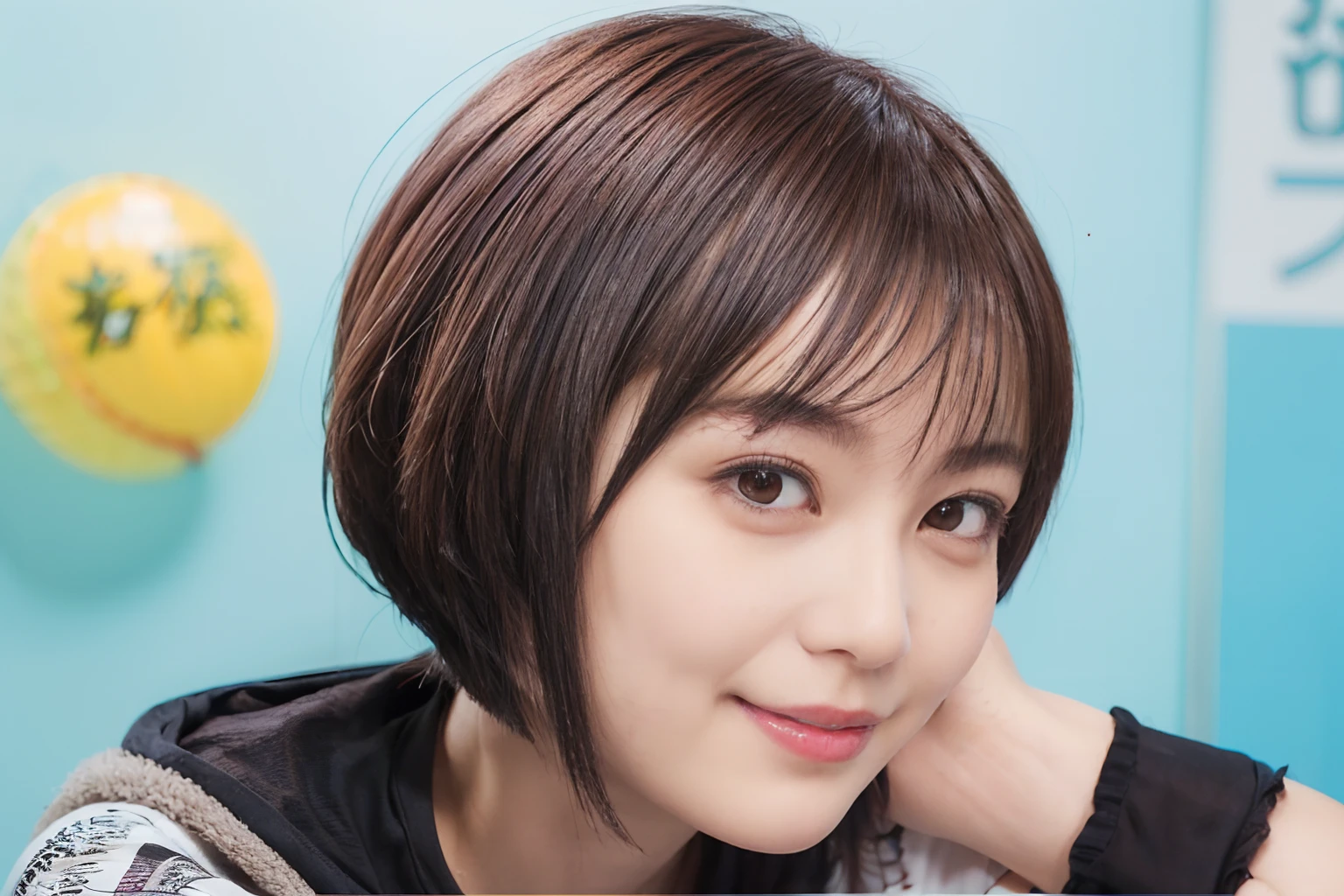 57
(a 20 yo woman), (A hyper-realistic), (masutepiece), (Short bob cut:1.46), Hairstyle with visible ears, (Breast), kindly smile, (Graphics wetwear with anime characters printed on them)