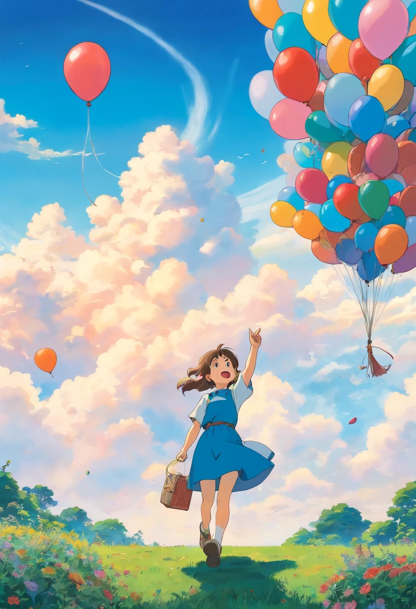 one-girl, Balloon in hand, In the background are a lot of balloons that have lifted off.blue-sky
