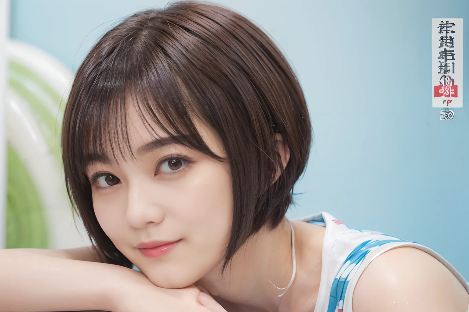 melhor qualidade, obra de arte, ultra-high resolution, (fotorrealista:1.4), foto crua, Extremamente detalhado, Anatomia Perfeita,
1 garota, 15 anos, the famous Japanese idol, vista frontal, sentado, Sorriso inocente, both hands on head, vestindo apenas blazer azul marinho na parte superior do corpo, ((extremely cute face like a most popular Japanese idol, extremamente lindos olhos grandes, pretos e circulares, loira extremamente linda de cabelos curtos)), extremely beautiful lips, peles brancas extremamente bonitas, extremely beautiful long eyelashes, extremely handsome with both hands