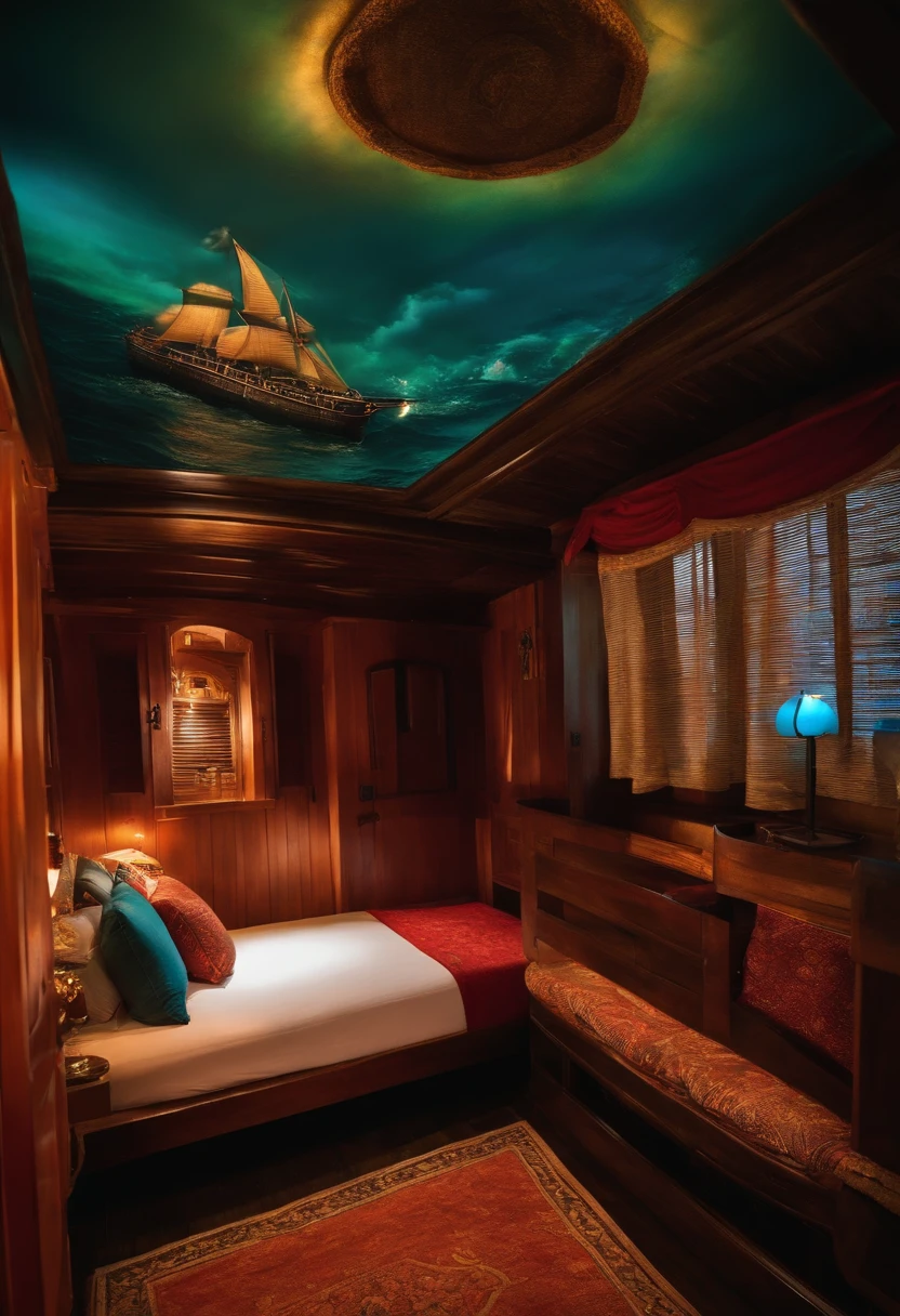 crie um quarto de Motel com jogo de luzes com um clima dos filmes de piratas do caribe com uma cama de navio