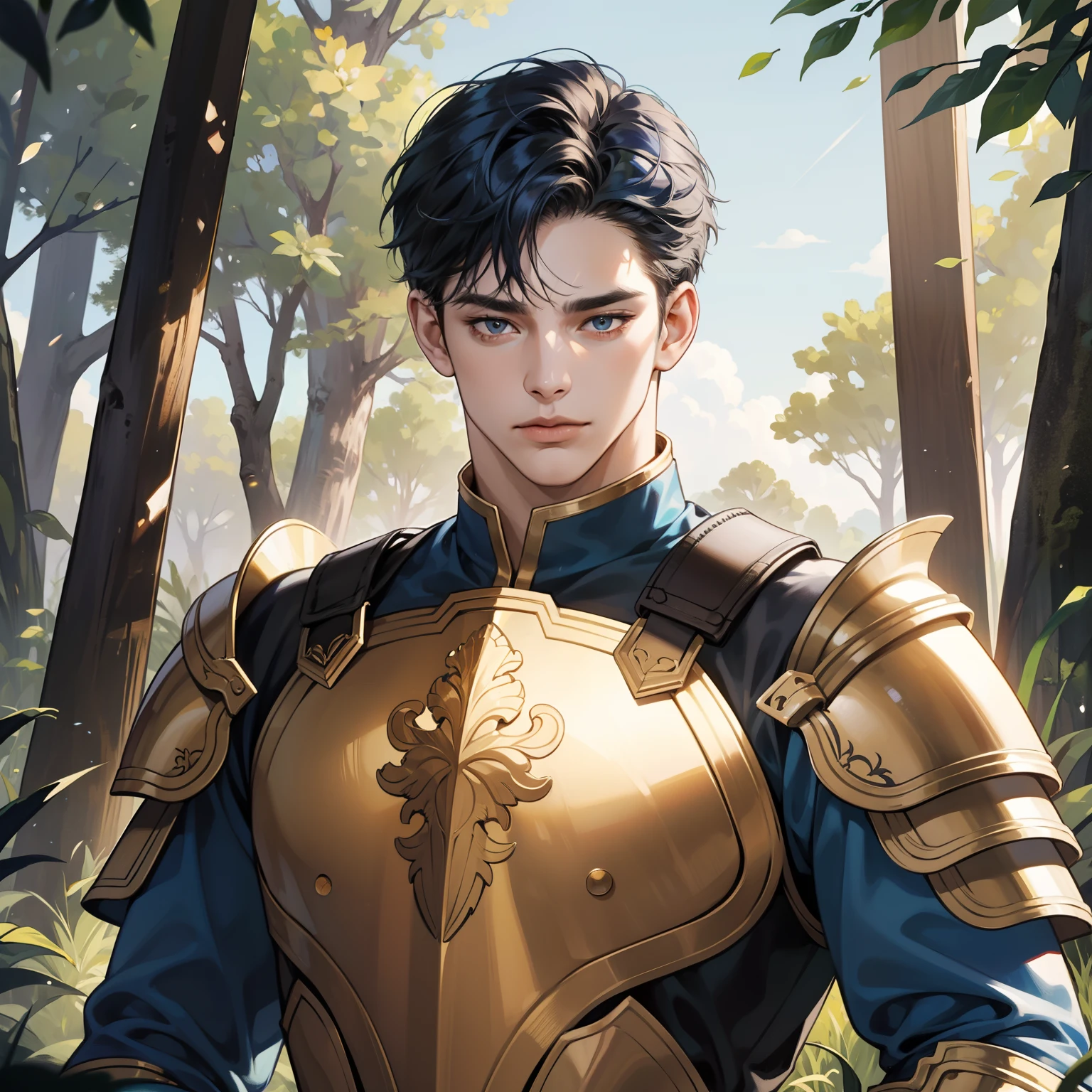 Masterpiece, high quality, best quality, HD, realistic, perfect lighting, detailed body, 1 man, short dark blue hair, gold t-shirt, calm expression, wearing armor, in the nature