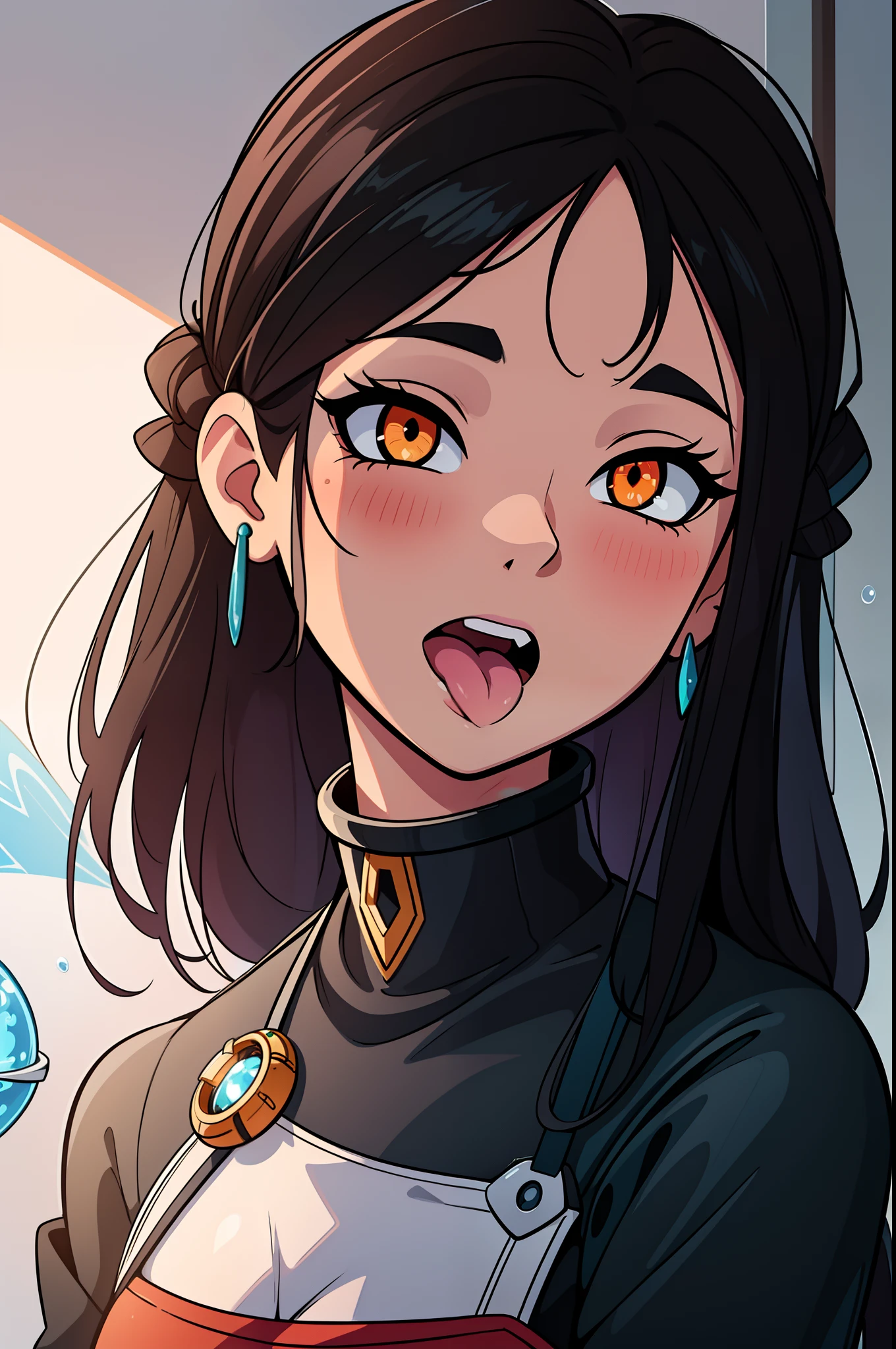 masterpiece, best quality, (colorful), (delicate eyes and face), volumetric light, ray tracing, extremely detailed CG unity 8k wallpaper, serana, 1girl, orange eyes, looking at viewer, upper body, ahegao, blush, rolling eyes, tongue out, Cybernetic Siren: describe a story of adult character, (Siren Star bucks) a character as a merchant with amazing products that make everyone dazzled, unrealistic dream, beautiful sexy sci-fi mythology story. Vectorized design, masterpiece of a logo, captivating viewer. At a spacestation colony, futuristic Superheroes, futuristic building, focus on main character Mecha-like robot-like person, white skin, sexy, cute, a toonish concept style, ecchi anime, An alluring, yet deadly, mecha-like character with an aquatic-themed design. They possess the ability to control water, emit sonic blasts, and have built-in energy harpoons.