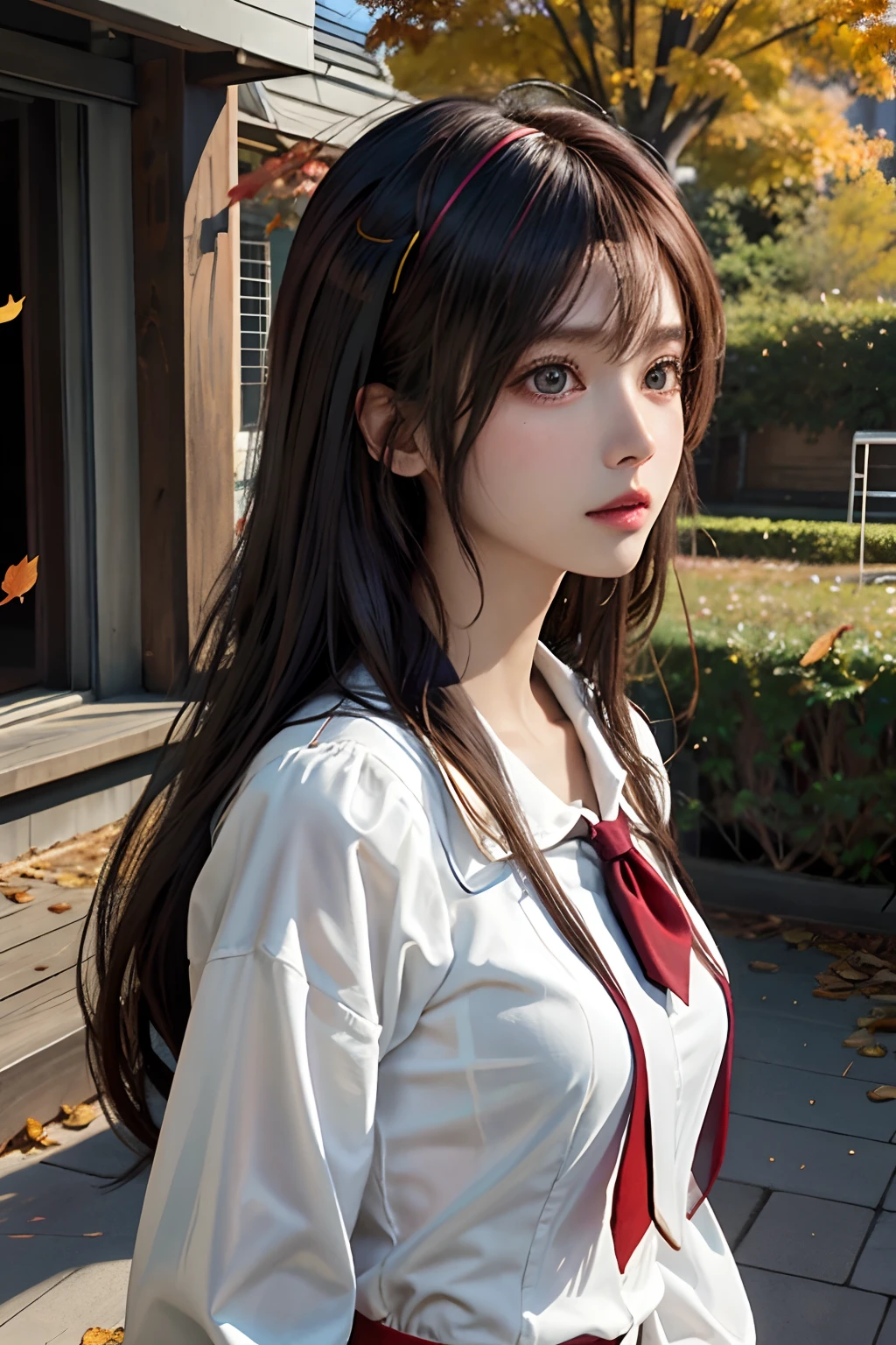 Official Art, Unity 8k Wallpapers, ultra-detailliert, Beautifully Aesthetic, masterpiece, top-quality, realisitic, a closeup, Skindentation, Soouryuu Asuka Langley, Interface headset, bodysuit under clothes, A detailed eye, A detailed face, Detailed hair, black backgrounds, straight-on, looking at the viewers, The sheen, Anime, looking at viewer with a cigarette in her mouth, highly detailed with reflections transparent iridescent opaque jacket, Long transparent iridescent RGB hair, 1girl in, Solo, fronds, School uniform, serafuku, Long hair, red neckerchief, Blurry, Sailor collar, neckerchief, Blonde hair, Shirt, Autumn leaves, Parted lips, Outdoors, Floating hair, Long sleeves, White shirt, Bangs, Upper body, red necktie, Open mouth, neck tie, tusk, Brown eyes, Wind, Autumn, Maple leaf, Falling leaves, Blurry background, day, ginkgo leaf, depth of fields, bug,