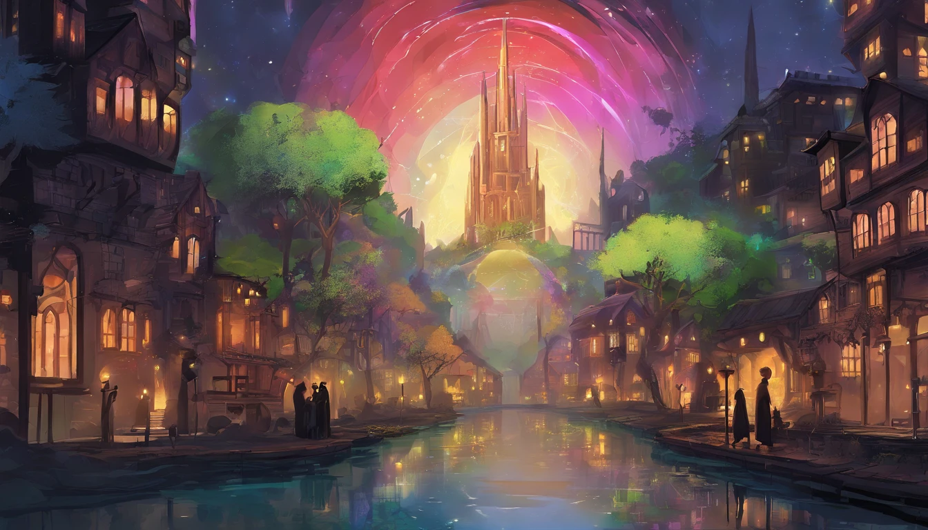 City of magic under a black sky. The streets are white stone, and the building are an elegant white marble with  rainbow stain glass windows. The streets are lit with floating orbs of magic. There are small rivers and waterfalls running through the city, as well as shrubs and willow trees.