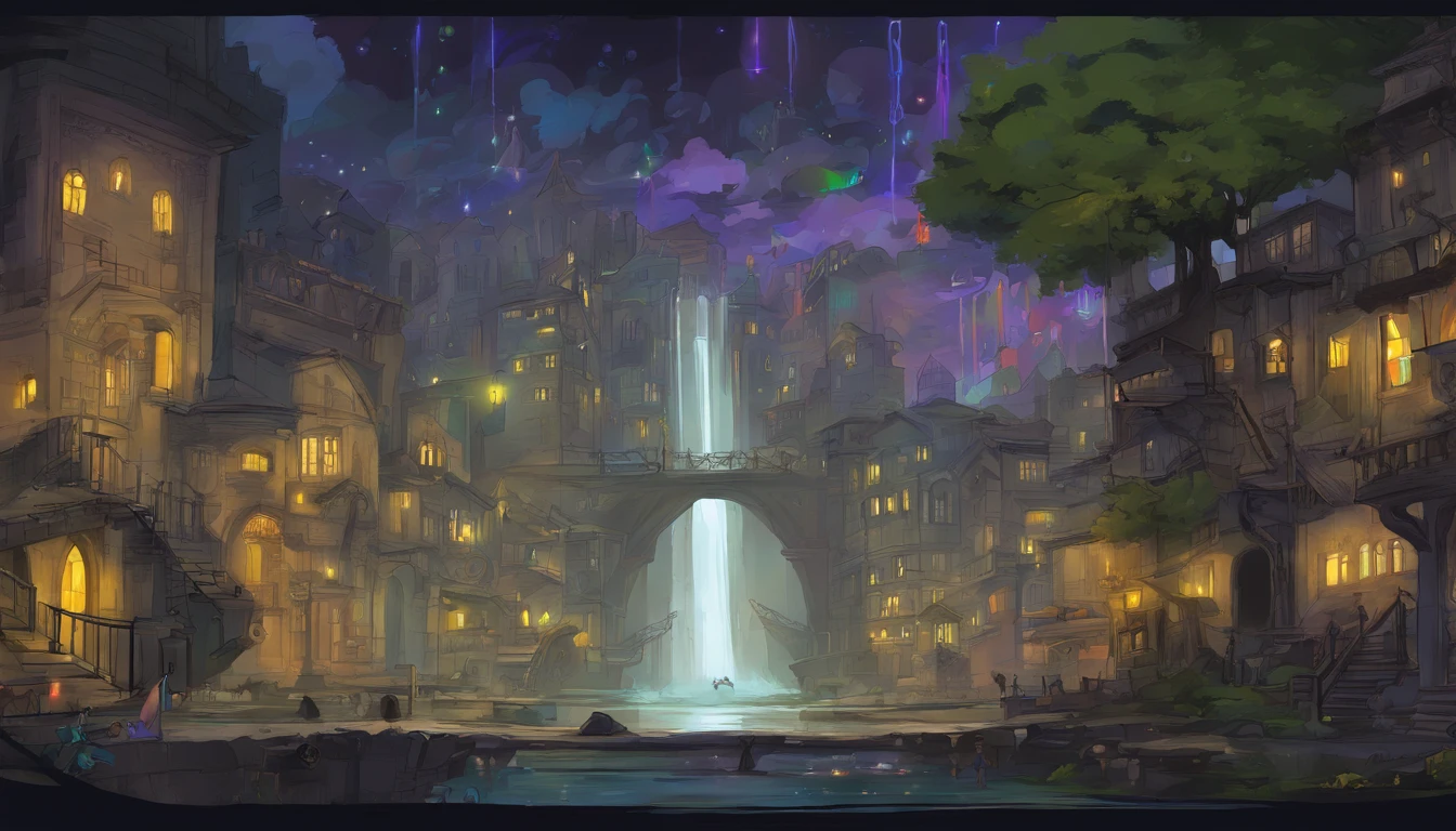 City of magic under a black sky. The streets are white stone, and the building are an elegant white marble with  rainbow stain glass windows. The streets are lit with floating orbs of magic. There are small rivers and waterfalls running through the city, as well as shrubs and willow trees.