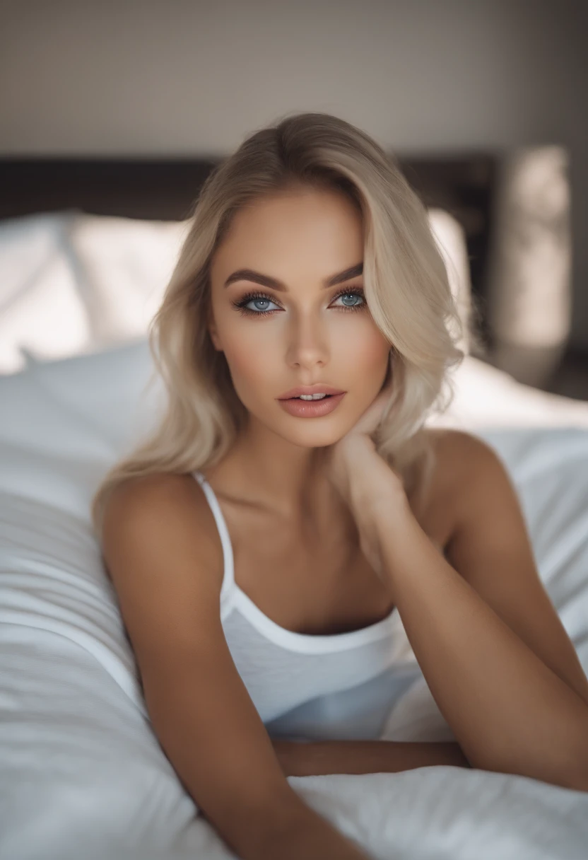 Arafed woman completely , fille sexy aux yeux bleus, ultra realist, Meticulously detailed, Portrait Sophie Mudd, en bikini, avec des gros seins, cheveux blonds et grands yeux, selfie of a young woman, Yeux de chambre, Violet Myers, sans maquillage, maquillage naturel, looking straight at camera, Visage avec Artgram, Maquillage subtil, Great photo of the whole body kneeling on the bed, dans la chambre, Medium to large bust
