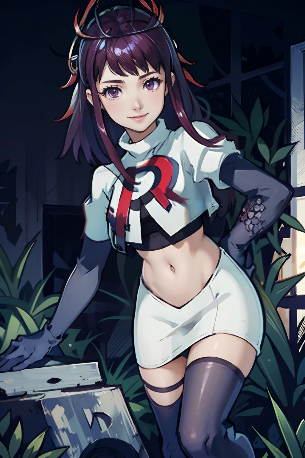 ivy fe, team rocket,team rocket uniform, red letter R, white skirt,white crop top,black thigh-highs,black elbow gloves, purple hair, smile