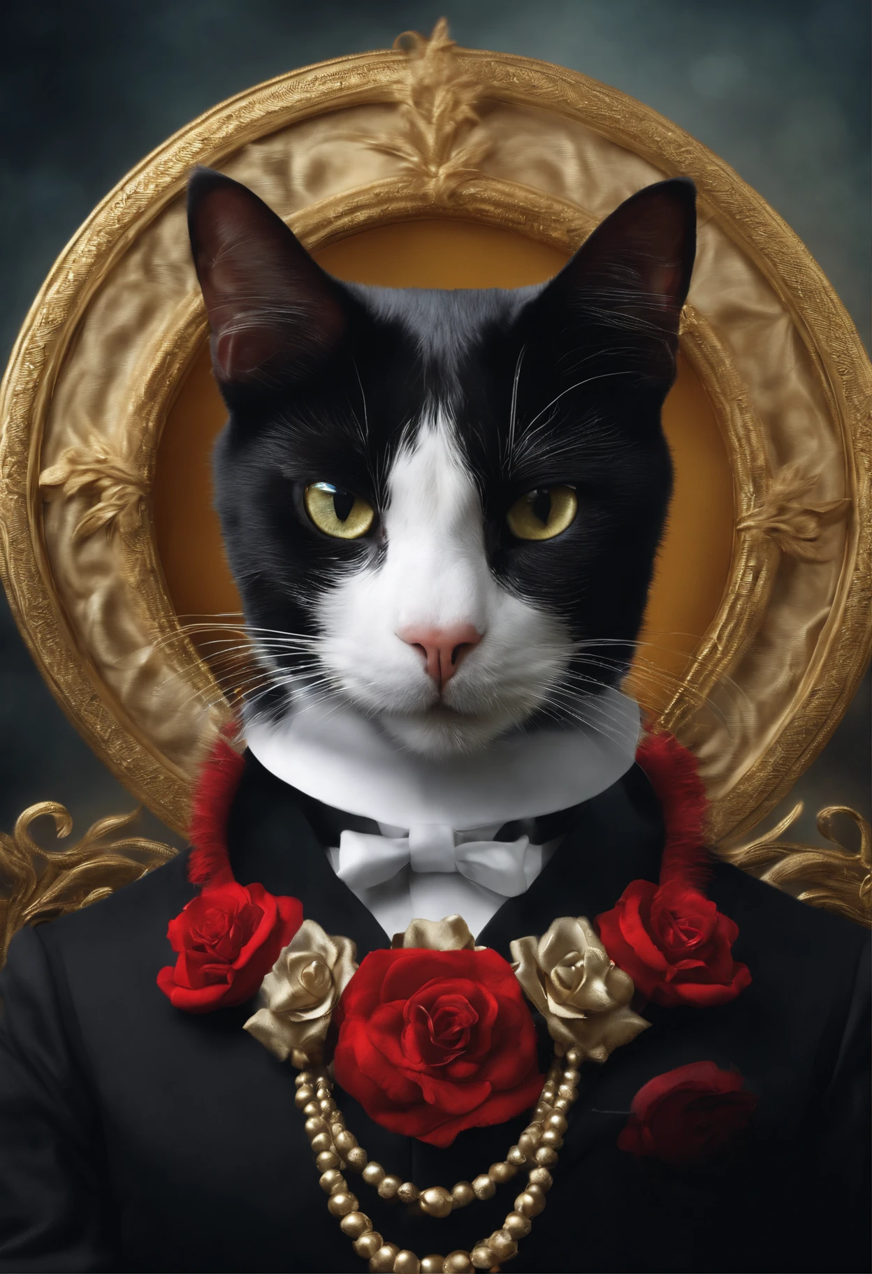 Create a tuxedo cat with horns and a halo