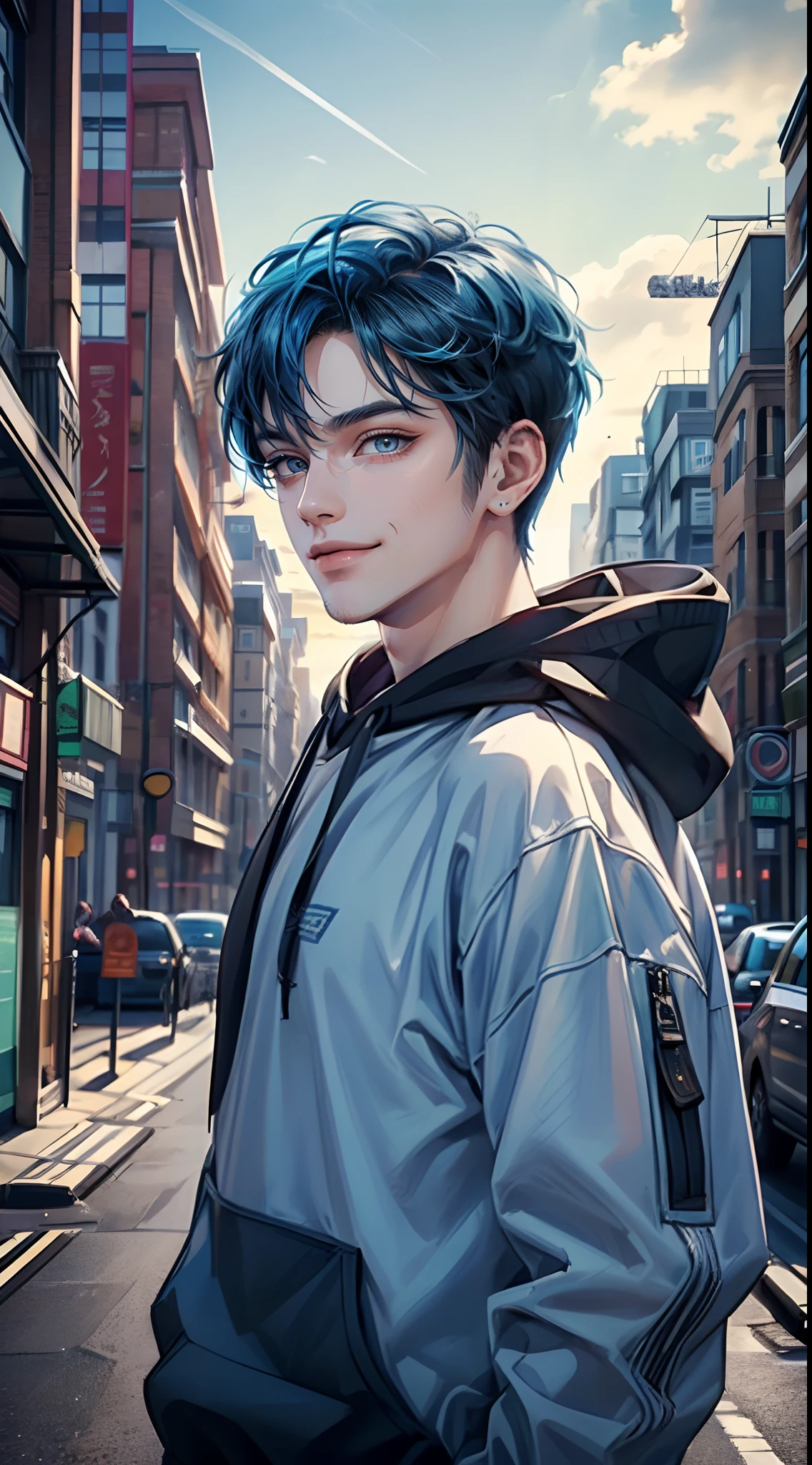 ((4K works))、​masterpiece、(top-quality)、One Beautiful Boy、Slim body、tall、((Attractive street style in black hoodie))、(Detailed beautiful eyes)、Fantastic British cities、Daytime city、((Walking through a city in the UK))、((Daytime bright sky))、((Cities in United Kingdom))、((Shot in UK cities))、mid night、((Short-haired bright blue hair))、((Smaller face))、((White eyes))、((American adult male))、((Adult male 26 years old))、((Cool Men))、((Like a celebrity))、((Smile showing teeth and smiling))、((Korean Makeup))、((elongated and sharp eyes))、((boyish))、((Upper body photography))、((Happy dating))、Professional Photos、((Shot alone))、((Shot diagonally from the side))、((Shot in close proximity to him))、((He is walking next to the viewer))、((Focus zoom in))