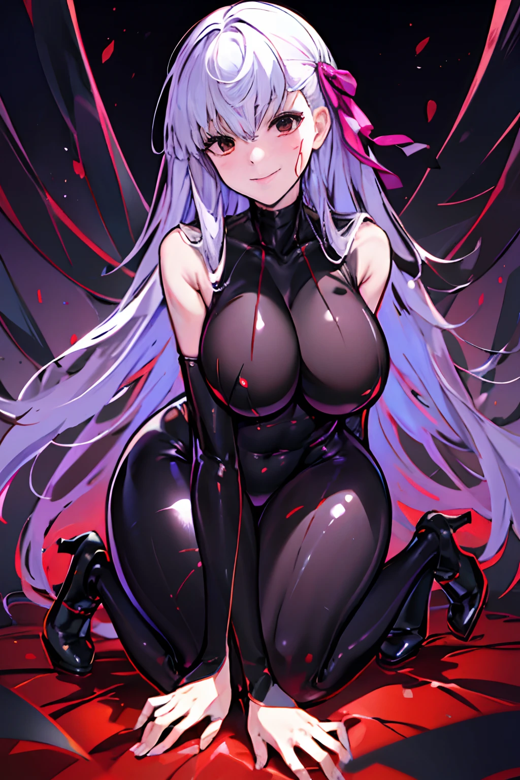 Carefully draw the face High-quality faces in anime style Shiny black full body suit Black High Heels Red lines all over the body a blond huge tit Big ass Whip thighs seductiv a smile succubus Lying face down