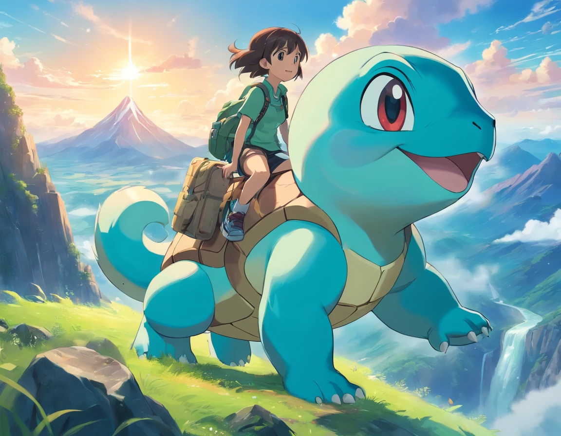 green colored squirtle on adventure, huge wolf in the backgroud, mountain top