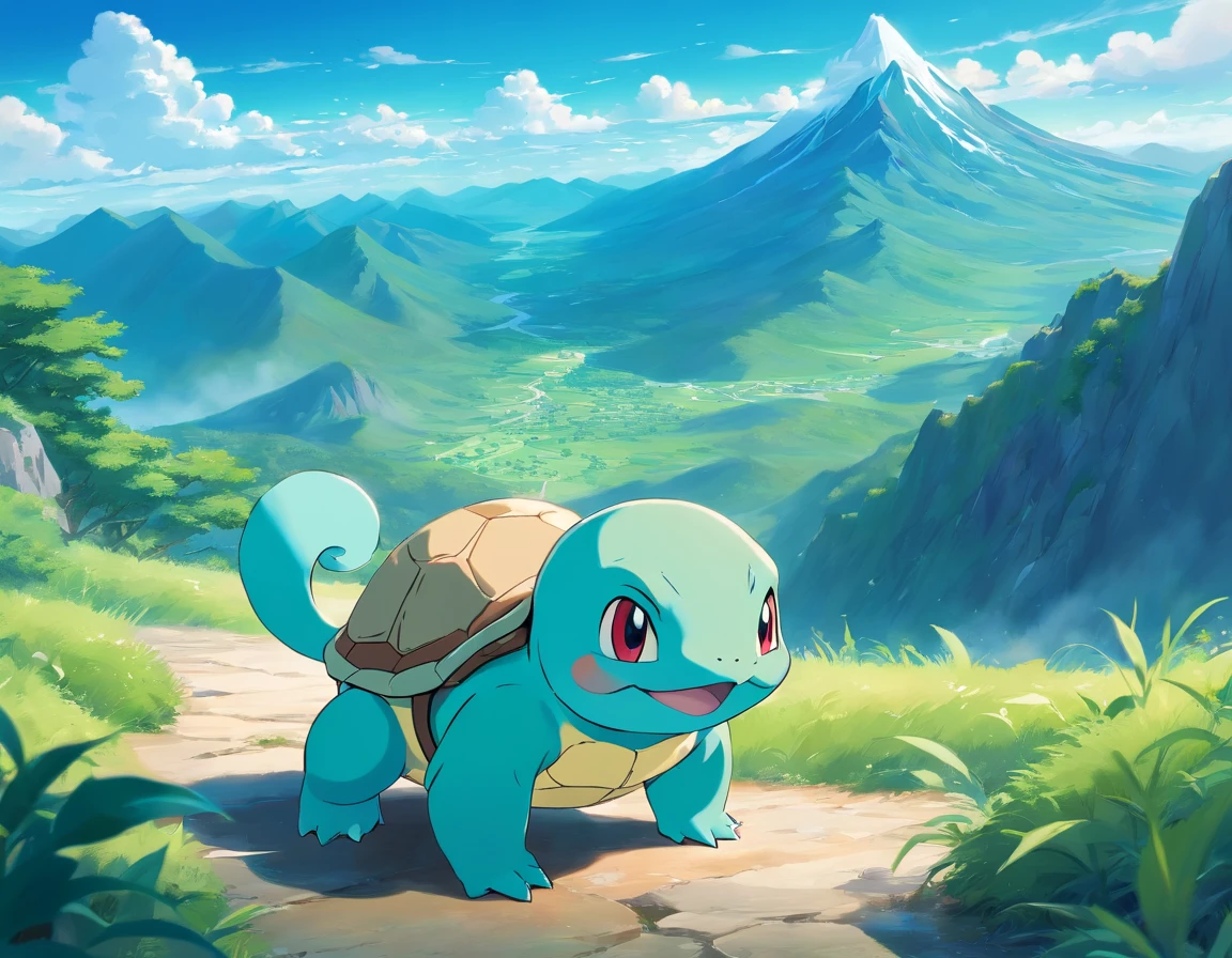 green colored squirtle on adventure, huge wolf in the backgroud, mountain top