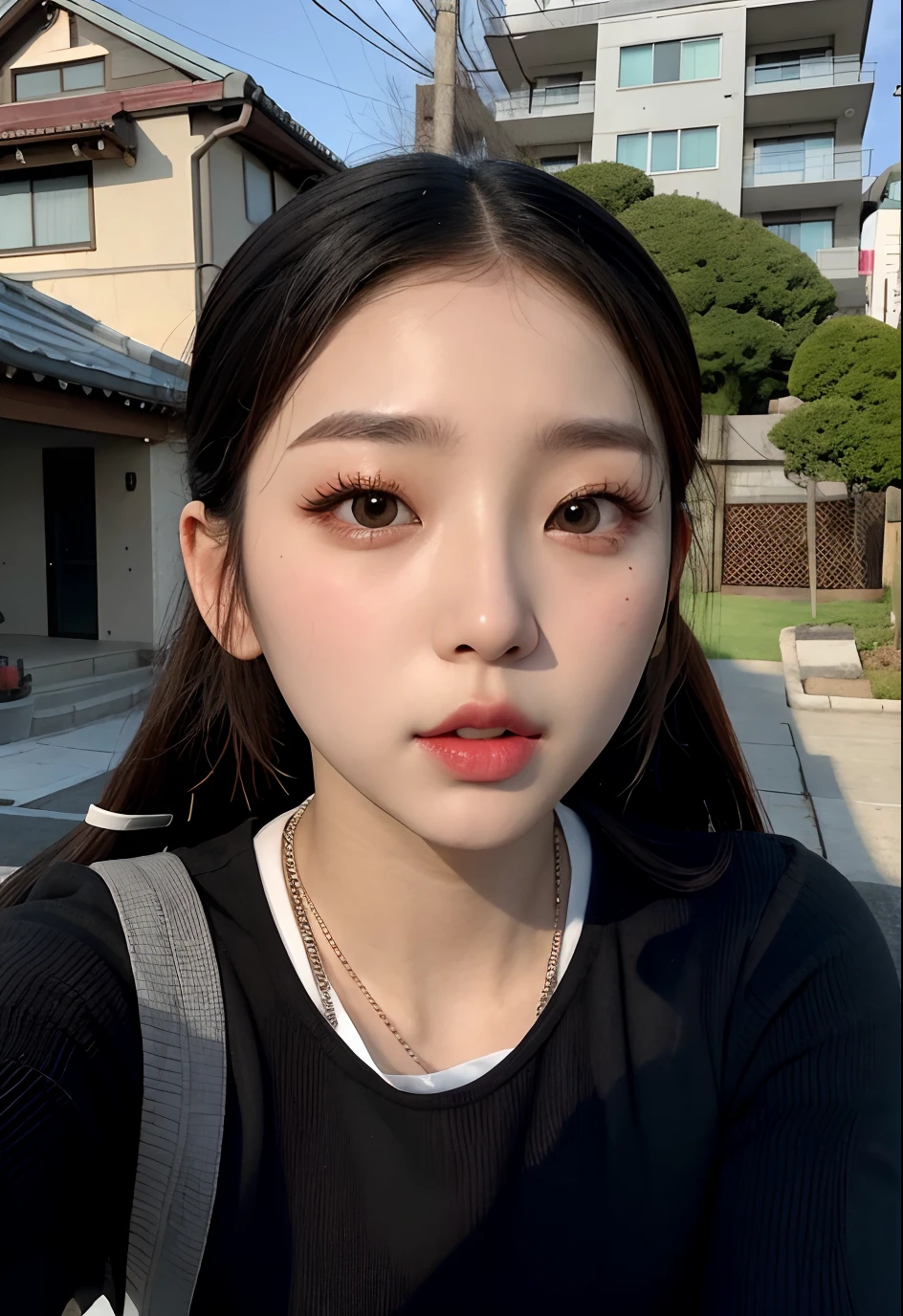 There is a woman taking a selfie in front of her house, popular south korean makeup, flaxen ponytail、Tank tops、a miniskirt、Beautiful waist、West navel、Popular Korean Makeup, Young adorable Korean face, korean face features, wan adorable korean face, with round face, beautiful aesthetic face, young cute wan asian face, ulzzangs, sakimichan, beautiful Korean women, Korean Girl, 8K selfie photo