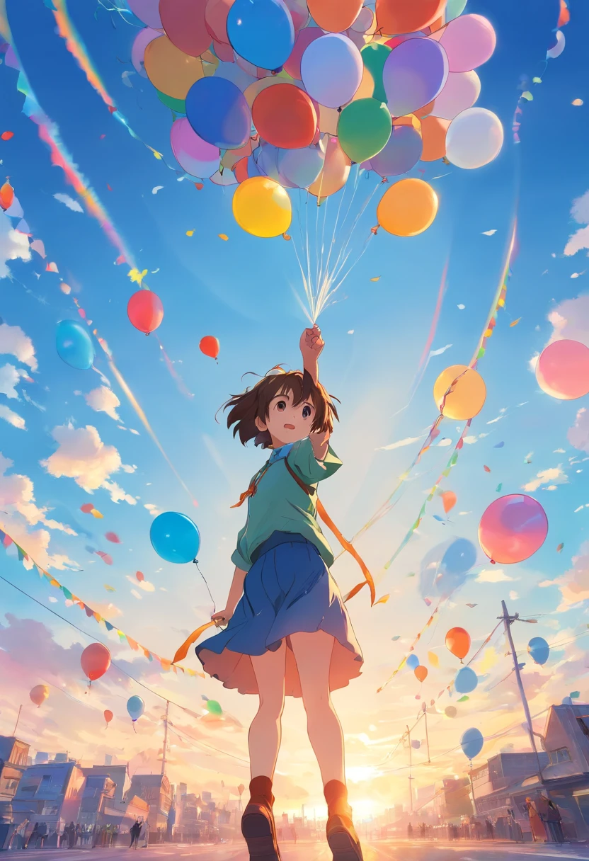one-girl, Balloon in hand, Face the lens...In the background are a lot of colorful balloons that have risen into the air. blue-sky