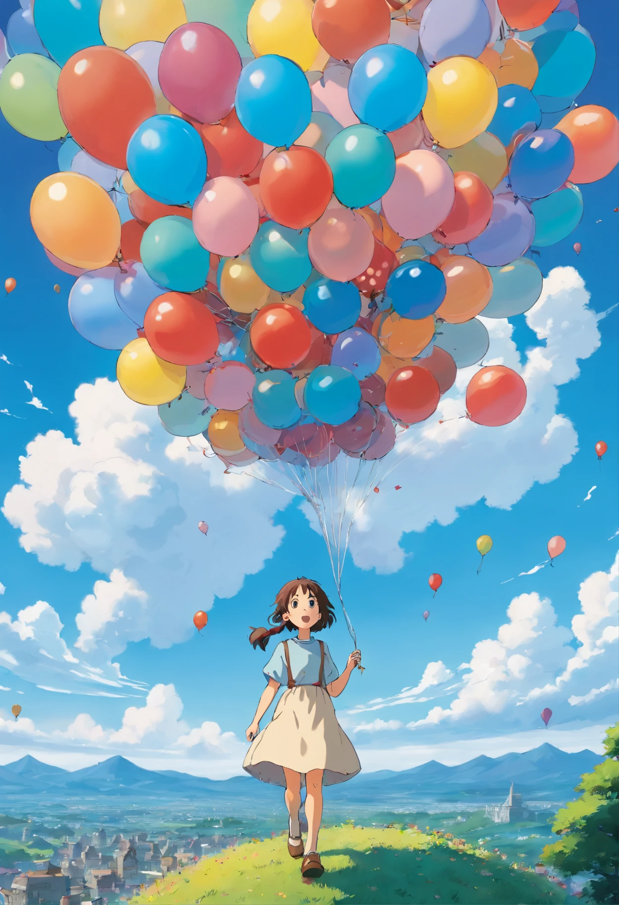 one-girl, Balloon in hand, In the background are a lot of balloons that have lifted off.blue-sky