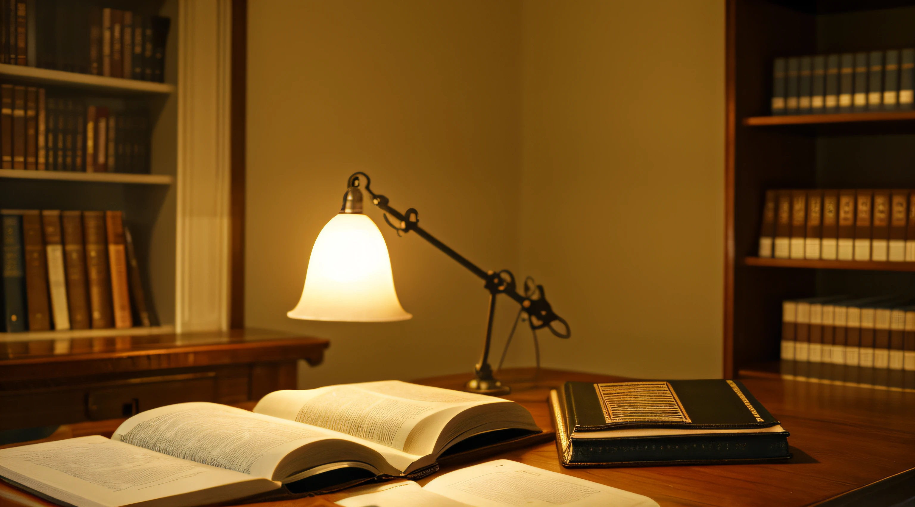 Beautiful study room、The Bible Open on the Table、notebook、high-level image quality、high-detail、Beautiful room、evening