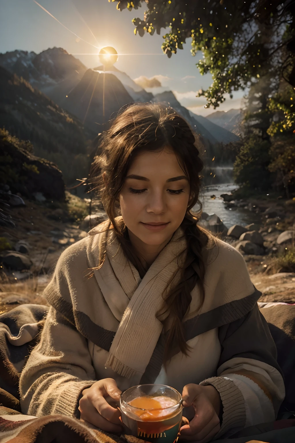 1 woman, American, beautiful, ((upper body selfie:1.9,)), taken inside tent, beautiful morning backlight:1.2, lens flare, show tent opening, Opening of tent: 1.1, masterpiece, best quality, ultra-detailed, solo, she's comfy inside tent, (sunrise:1.7), mountains, nature, deep shadows, high contrast, (glorious morning sunlight), cheerful, happy, (she's cozy in big fluffy sleeping bag), warm and inviting, opening of tent looks outside to stunning misty mountains, (misty mountains:1.3), forest, rocks, river, wood, smoke, shadows, contrast, clear sky, analog style (look at viewer:2.1) (natural skin:0.4) ,(ultra-realistic eyes, pupil coloring:1.9, eyelashes detail:0.3), highest quality, (film grain:0.8), (warm hue, warm tone:1.2), cinematic light, sidelighting, warm keylight:1.5, ultra high res, best shadow, RAW, upper body, wearing knitted sweater:1.5, hair up in messy ponytail:2.2, relaxed and intimate, resting, happy, best moment in life, share it with me, mountain dew:0.9