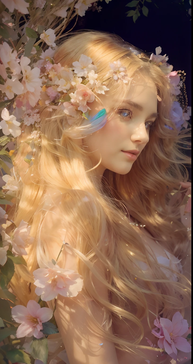 high quality, 8K Ultra HD, full color, etching aquatint, fine lines and shadows, In the heart of Floral Fantasy Wonderland, behold a captivating and ethereal spirit of a beautiful maiden, gracefully adorned with the essence of blooming flowers. Her golden long flowing hair, like silken threads of golden, cascades gracefully down her back, interwoven with delicate floral accents that mirror the surrounding blooms. Her eyes, the color of the deepest forest emeralds, sparkle with a hint of magic and mystery, reflecting the beauty of the floral symphony that surrounds her. In her hand, she holds a delicate bouquet of the most exquisite flowers, their vibrant colors mirroring her own radiant aura. With the clarity and detail of 8K Ultra HD images, every petal, every hue, and every expression of her otherworldly charm come to life in vivid splendor, by yukisakura, high details,
