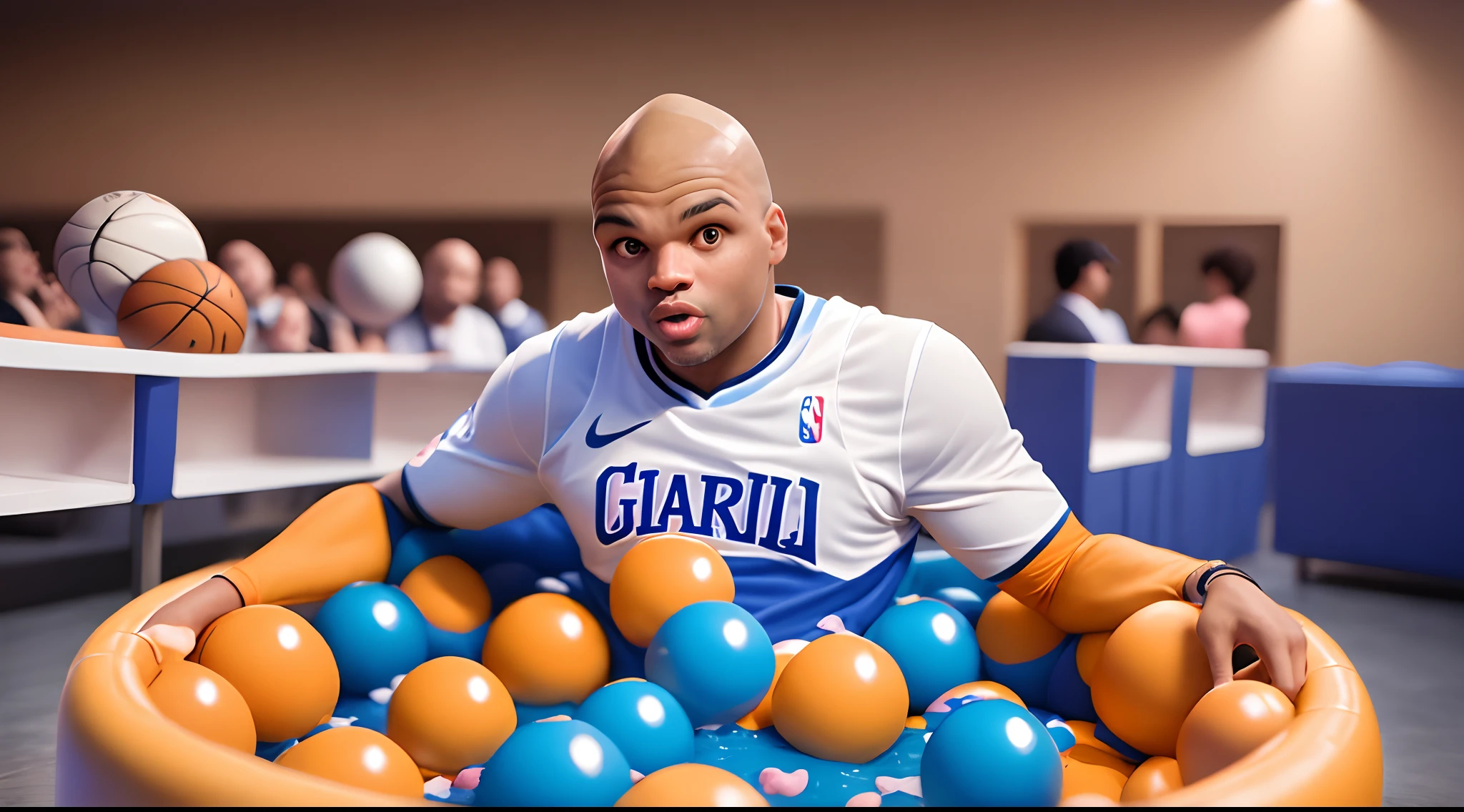 Charles Barkley In a ball pit juggling nba player Bol Bol in his hands