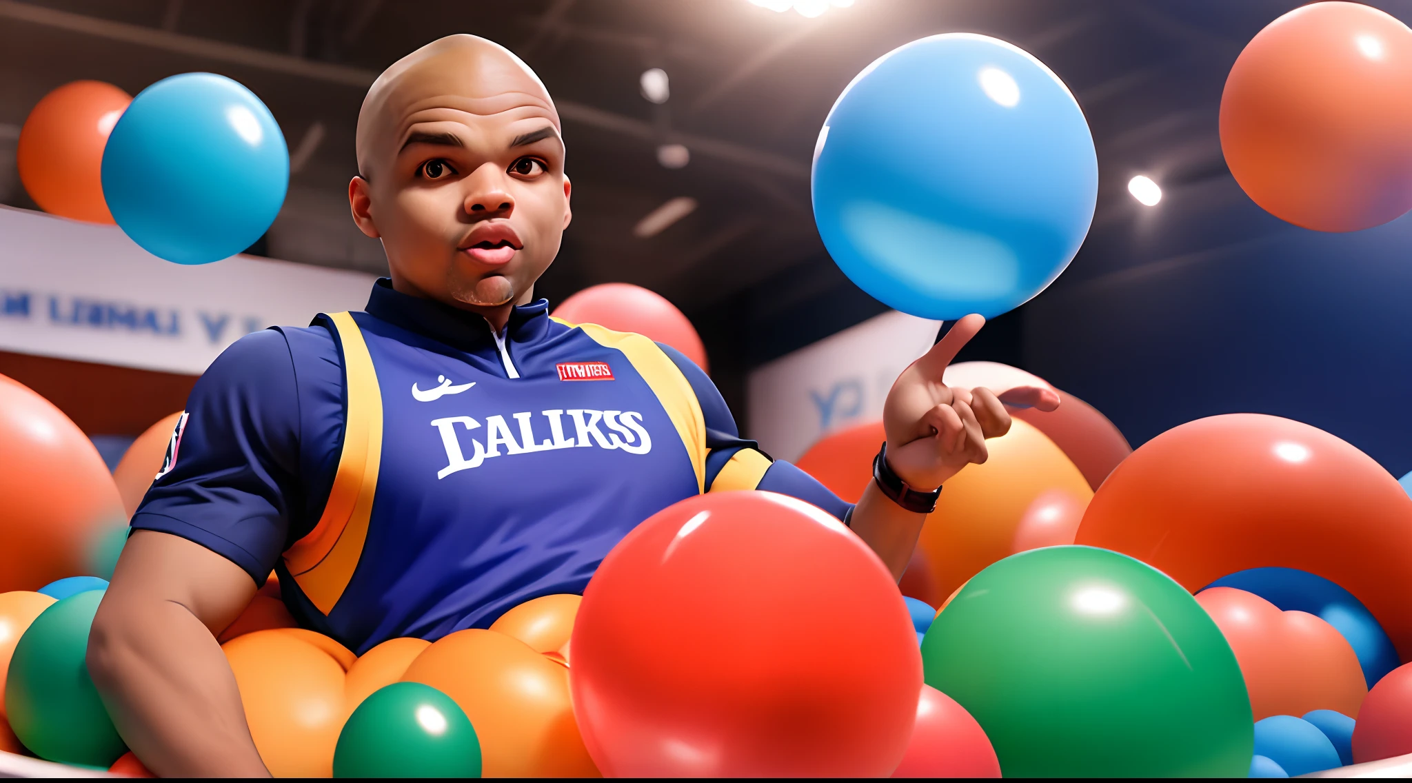 Charles Barkley In a ball pit juggling nba player Bol Bol in his hands
