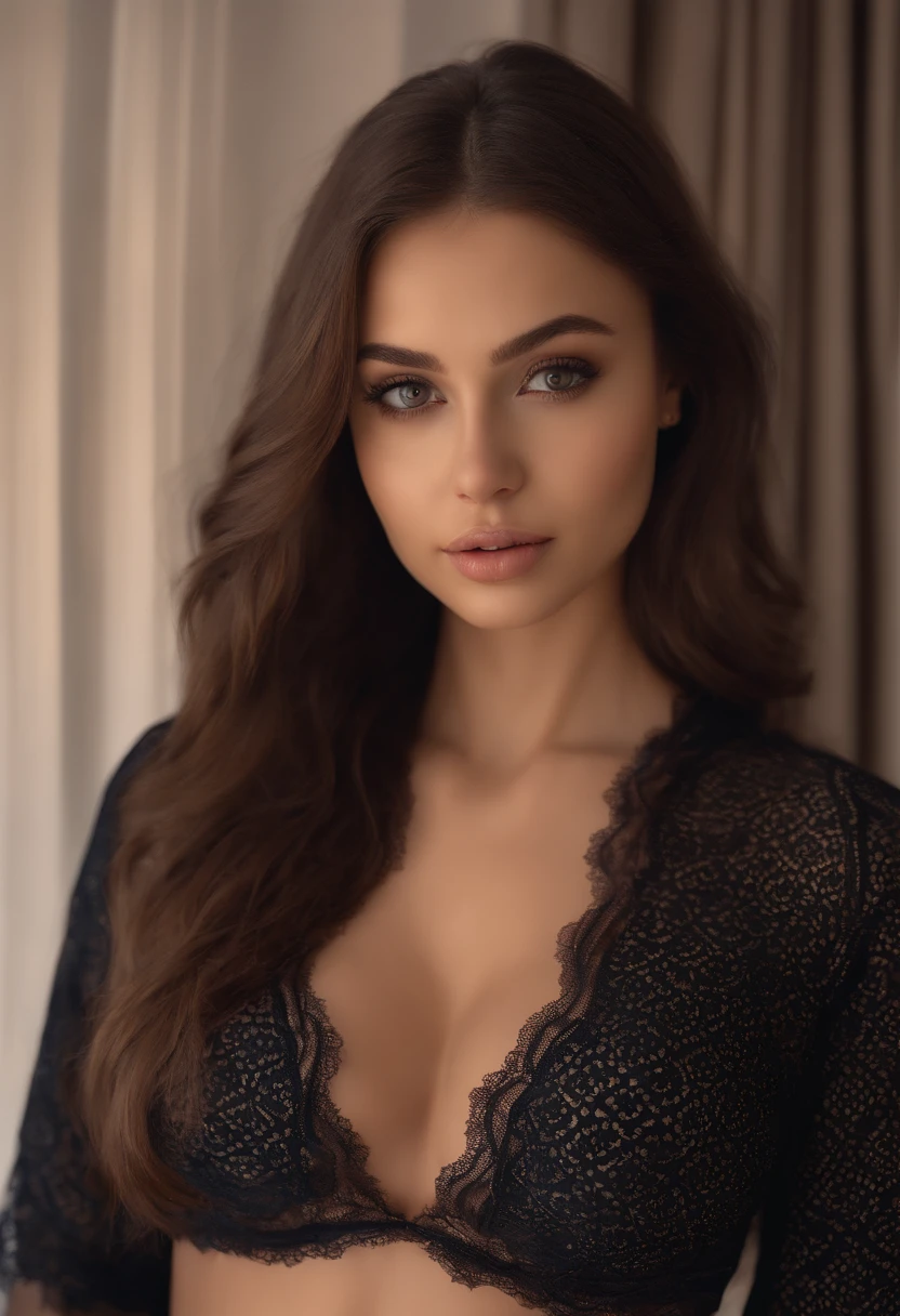 arafed woman fully , sexy girl with brown eyes, ultra realistic, meticulously detailed, portrait sophie mudd, brown hair and large eyes, selfie of a young woman, dubai eyes, violet myers, without makeup, natural makeup, looking directly at the camera, face with artgram, subtle makeup, stunning full body shot, standing in bedroom, medium to large size bust, see through lace underwear