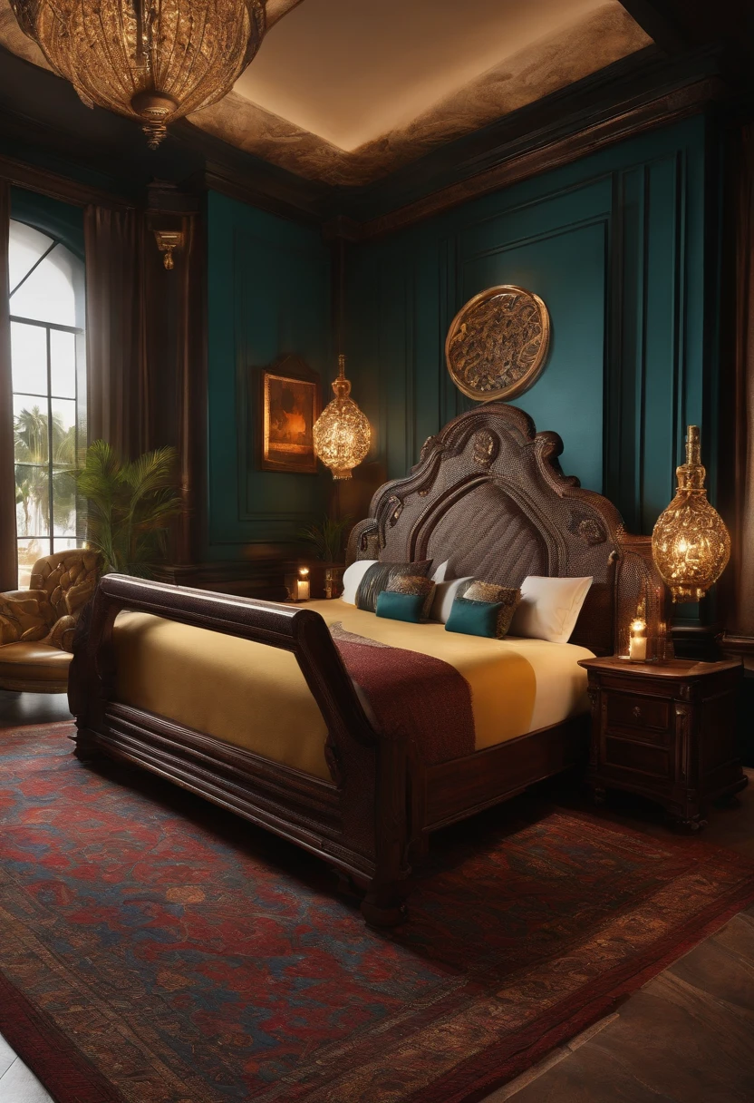 Create a motel room with very sophisticated and futuristic materials with the bed in the shape of a báu do terouro and many emblemblemes from the movie Pirates of the Caribbean The whole room with the inspiration of Pirates of the Caribbean with more predominant colors from the movie