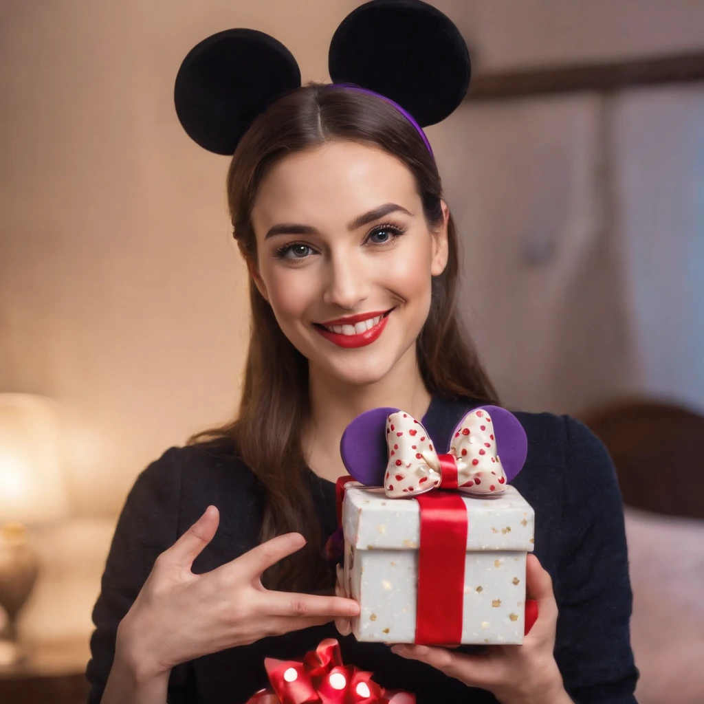 A beautiful and sexy 30-year-old smiling psychologist, with an arch of Minnie Mouse's ears on his head, Holding a big magic purple box, The box is open with toys going out and flying