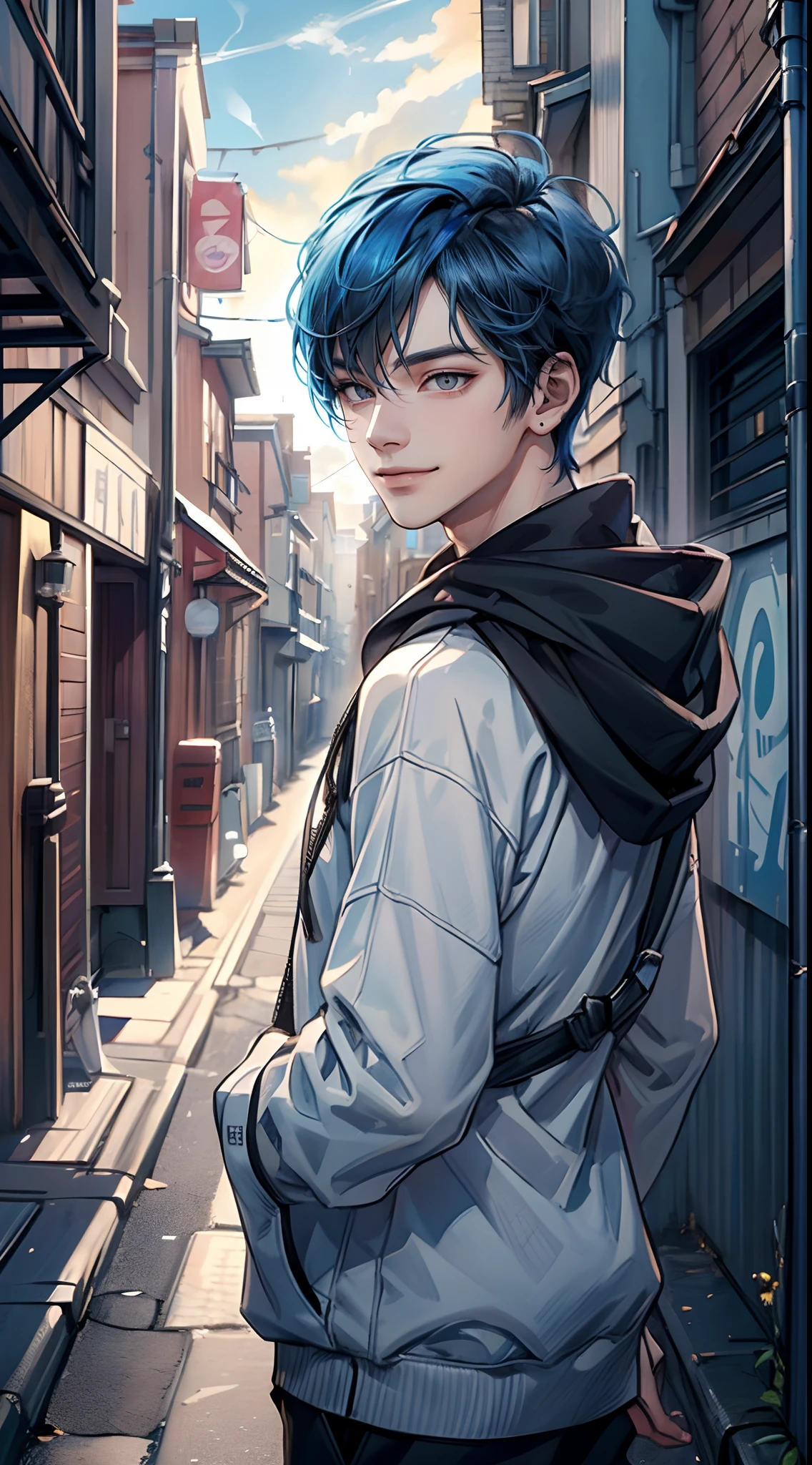 ((4K works))、​masterpiece、(top-quality)、One Beautiful Boy、Slim body、tall、((Attractive street style in black hoodie))、(Detailed beautiful eyes)、Fantastic British cities、Back alley in the daytime、((Strolling through a fantastic back alley))、((Daytime bright sky))、((Back alleys in the UK))、((Shot in a back alley in England))、((Short-haired bright blue hair))、((Smaller face))、((White eyes))、((American adult male))、((Adult male 26 years old))、((Cool Men))、((Like a celebrity))、((Smile showing teeth and smiling))、((Korean Makeup))、((elongated and sharp eyes))、((boyish))、((Upper body photography))、((Happy dating))、Professional Photos、((Shot alone))、((Shot diagonally from the side))、((Shot in close proximity to him))、((He is walking next to the viewer))、((Focus zoom in))