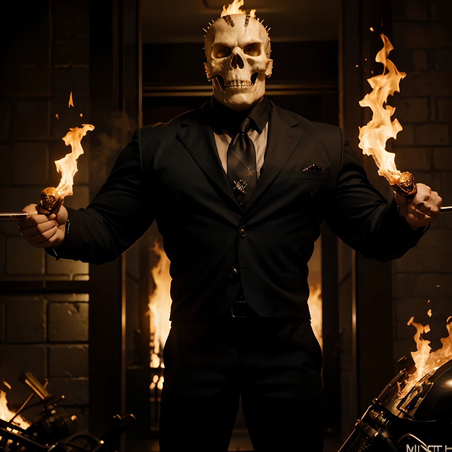 Ghost rider , muscled with huge pecs , hugge torso , huge arms , with a skull head like with fire , in suit with a tie ans spikes