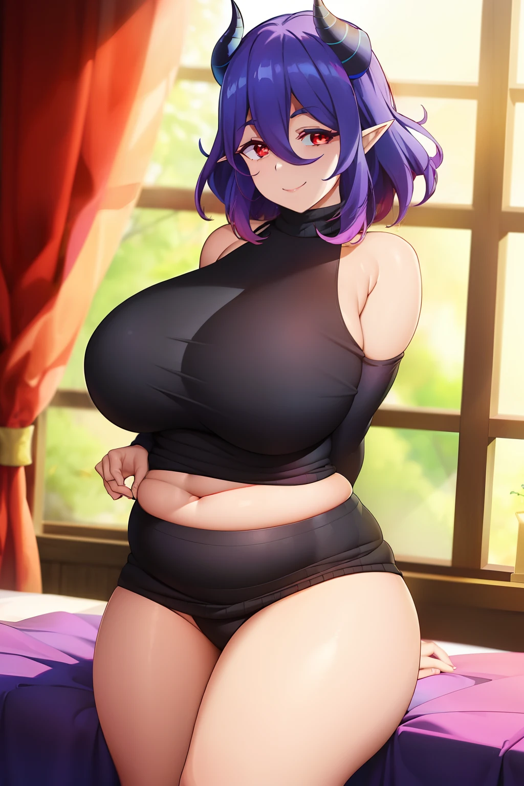 vermeil_\(kinsou_no_vermeil\),1girl, solo, standing, huge_breasts, black (virgin_killer_sweater), bare_shoulders, bare_legs, taut_clothes,
blue_hair, red_eyes, pointy_ears, horns, short_hair, hair_between_eyes, cowboy_shot,
embarrassed, smile, bedroom, chubby belly, thicc, round belly