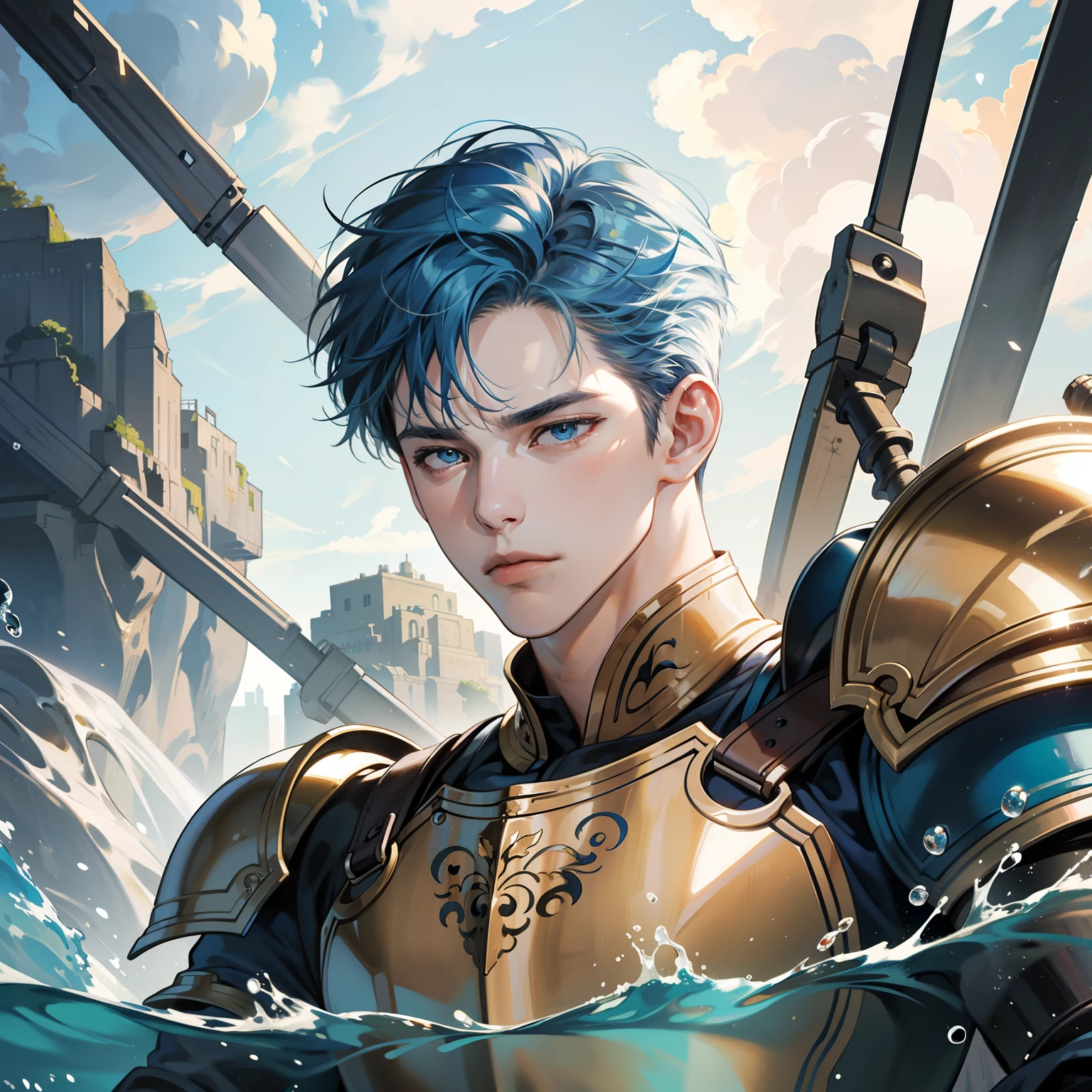 Masterpiece, high quality, best quality, HD, realistic, perfect lighting, detailed body, 1 man, short blue hair, gold t-shirt, mad expression, wearing armor, in the water background.