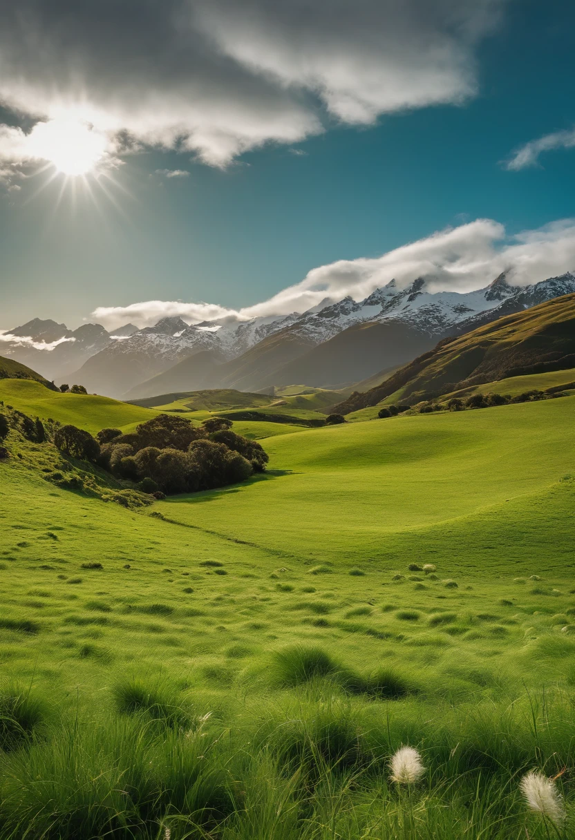 Green meadow，((White flock))，White cloudless sky，new zealand，4K，k hd