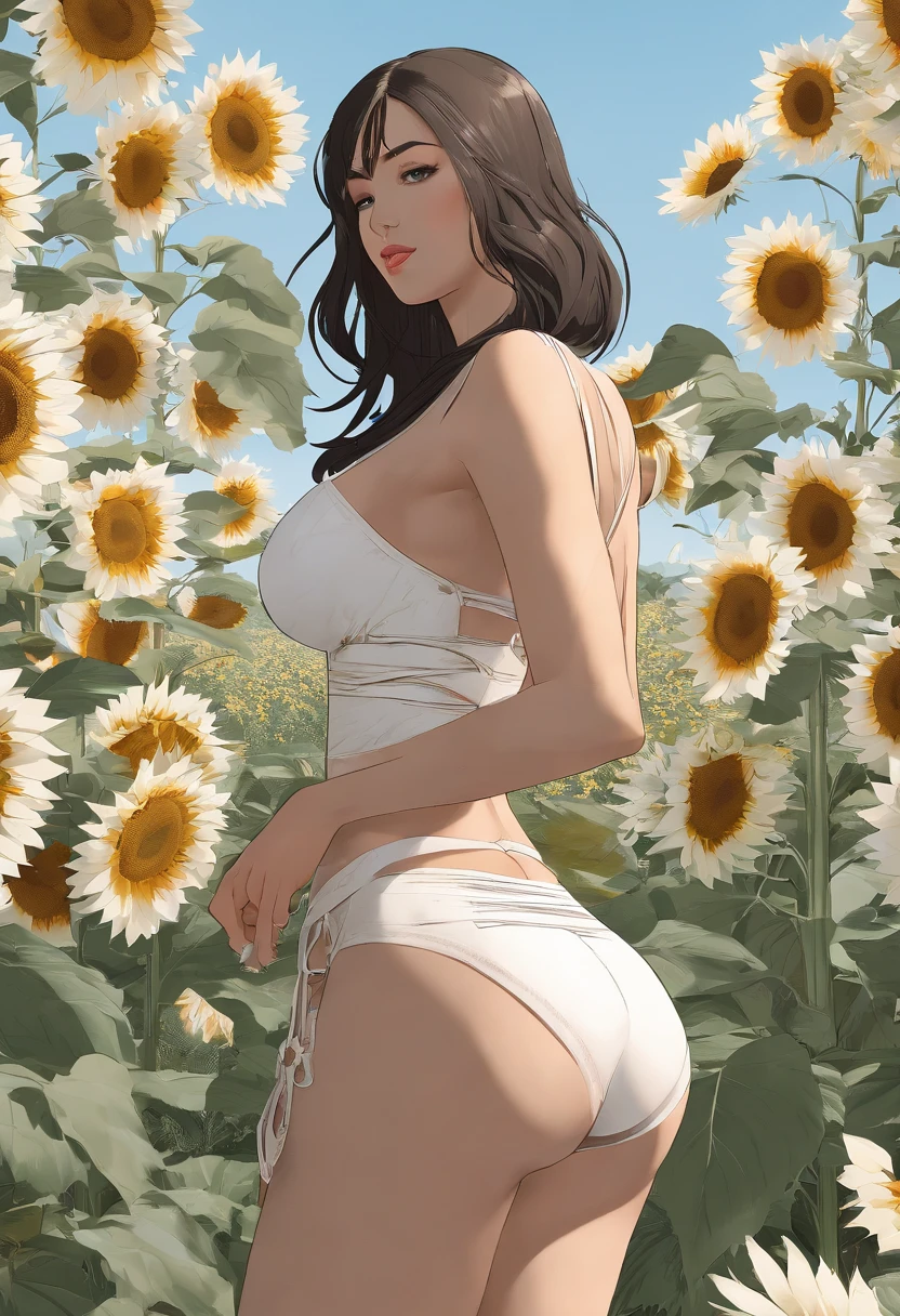 1 girl, (((raised high huge round buttocks))), Wide A sunflower field in full bloom,Back view of a woman in Translucent white thong (underwear),long shot,wide view, commercial photography,award-winning photograph,(photorealistic),unity 8k wallpaper,(ultra detailed:1.3),(light_on_face:1.4),CanonEOS 5D MarkIV DSLR